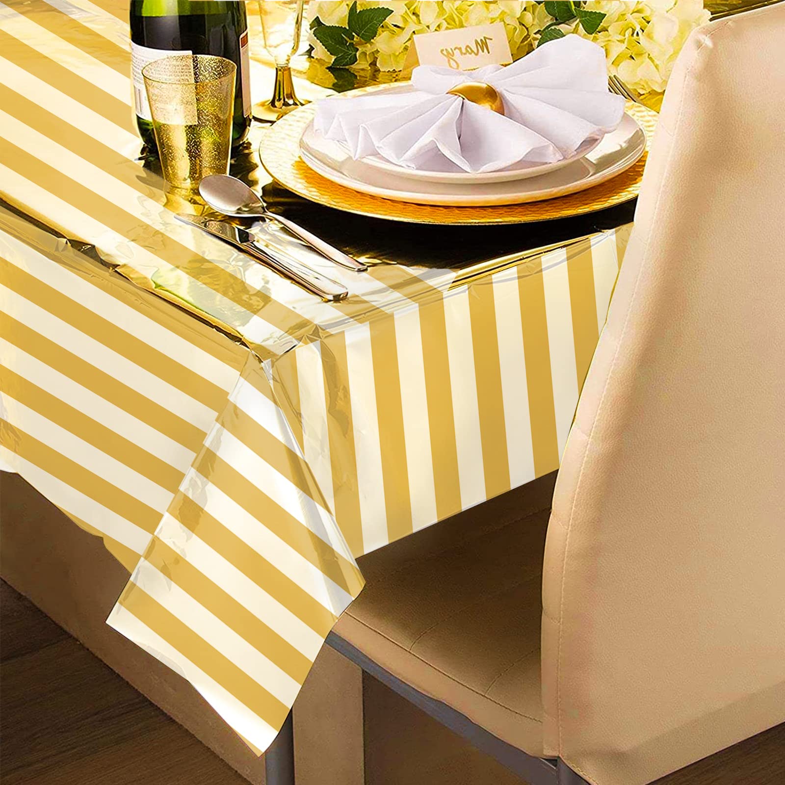 PartyWoo Gold Foil Tablecloth, 54 x 108 Inch Stripe Rectangle Party Tablecloth, Foil Tablecloth for 6 to 8 Foot Table, Metallic Table Cover, Waterproof Table Cloth for Birthday, Wedding (1 Pack)