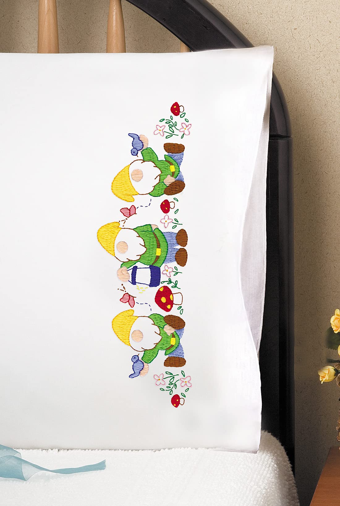 Tobin Gnomes Stamped for Embroidery Pillowcases, White