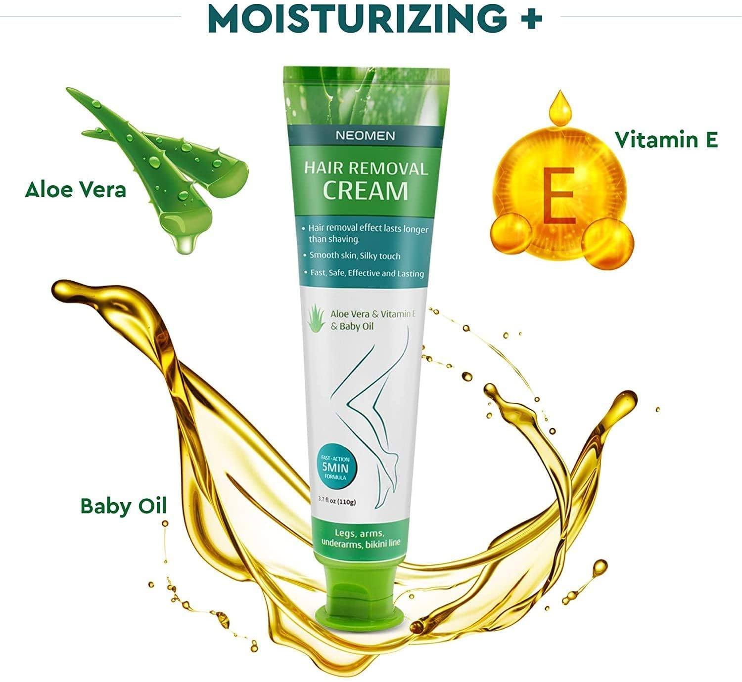 Neomen Hair Removal Cream for Men & Women : Painless Depilatory for Sensitive Skin & Intimate Areas, Moisturizing with Aloe Vera & Vitamin E, Safe for Face, Underarms, Bikini, Arms, Legs