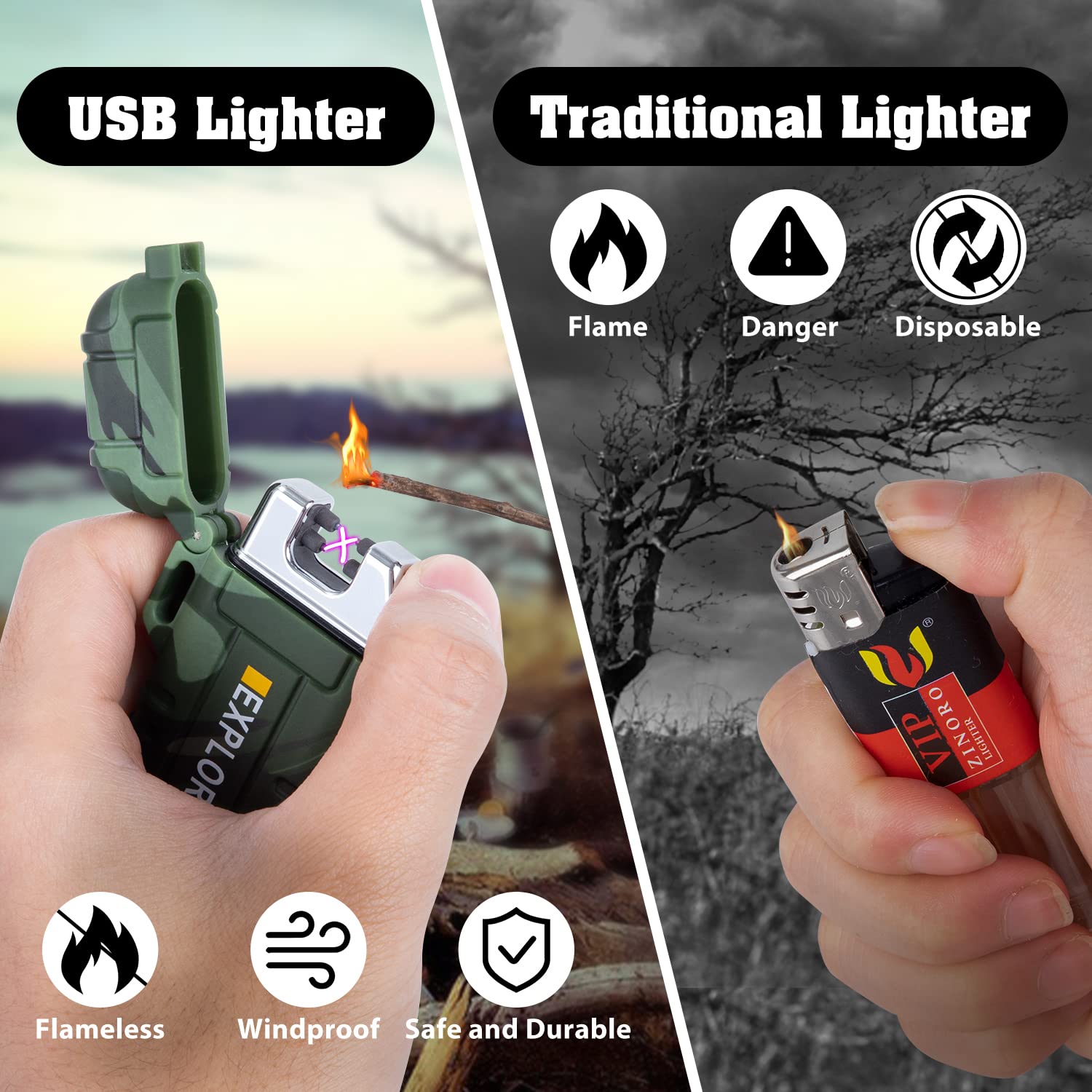 LcFun Waterproof Lighter Outdoor Windproof Lighter Dual Arc Lighter Electric Lighters USB Rechargeable Flameless Plasma Cool Lighters for Camping, Hiking, Adventure, Survival Tactical Gear
