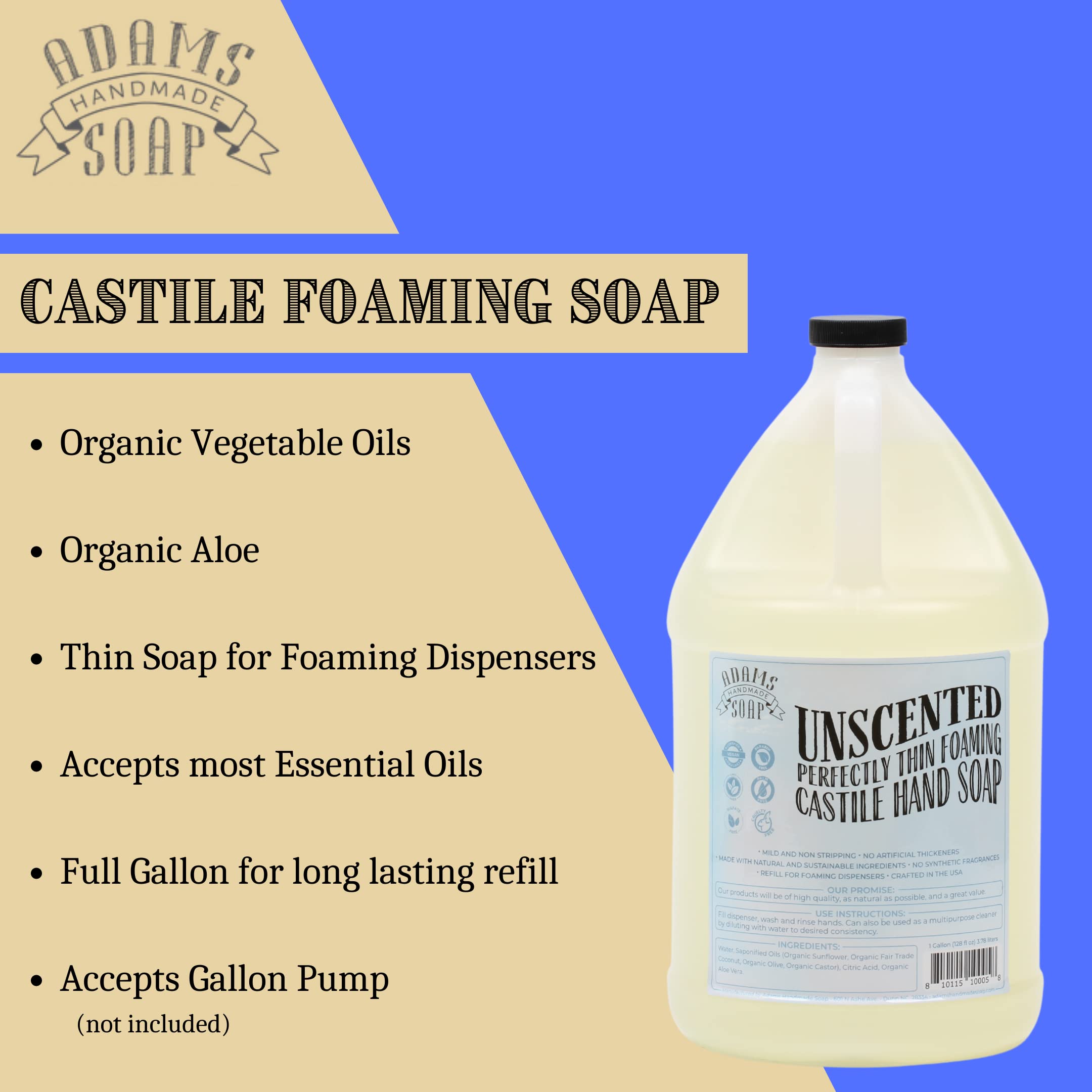 Adams Handmade Soap Thin Castile Foaming Liquid Hand Soap 1 Gallon Refill - Unscented