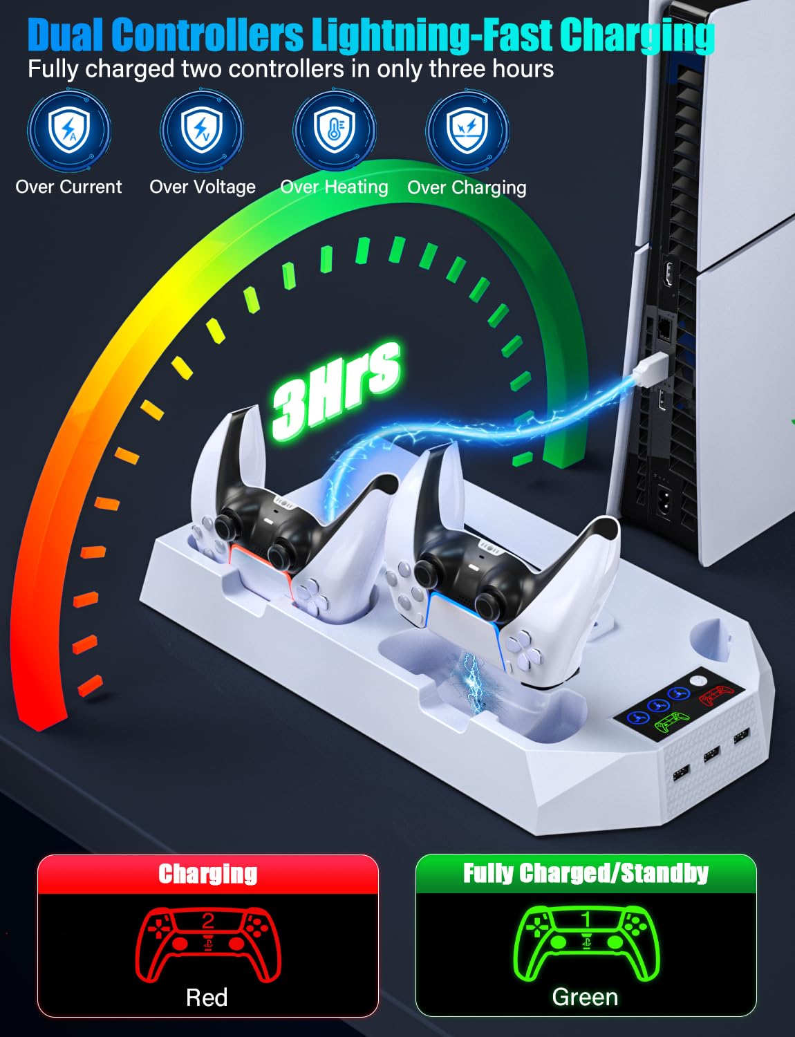 PS5 Slim Stand with Cooling Station for PS5 & PS5 Slim Console Disc/Digital Edition, PlayStation 5 Cooling Station with Dual PS5 Controller Charger, 3 Levels Cooling Fan, 3 USB Hubs, Headset Holder