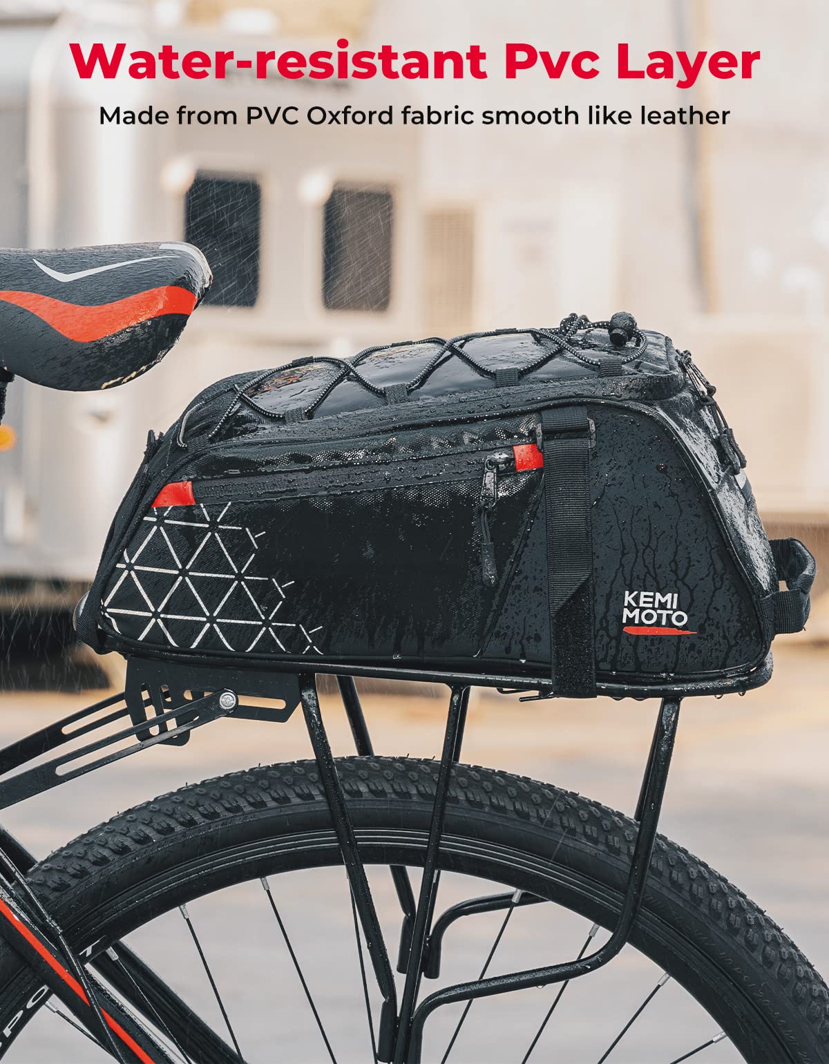 KEMIMOTO Rear Bike Rack Bag - 8L PVC Water Resistant Bicycle Bag for Road and Mountain Bikes - Black Commuter Bag for Grocery Shopping and Cycling