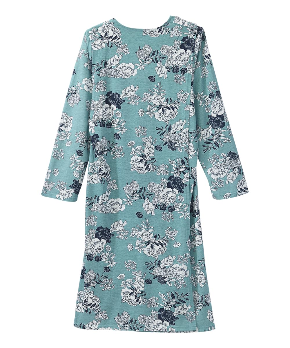 Silvert's Adaptive Clothing & Footwear Women's Open Back Long Sleeve Nightgown with Lace Trim - Aqua Flower MED