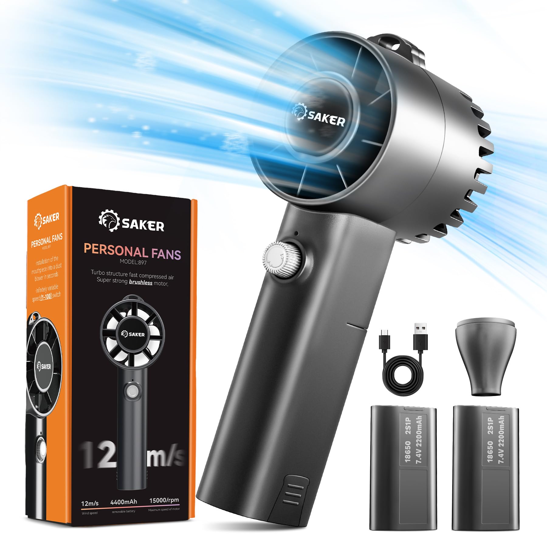 Saker Handheld Turbo Fan - 8800mAh Portable Personal Fan, 100 Speeds Adjustable, USB Rechargeable with 2 Replaceable Batteries for Travel/Sport/Camping