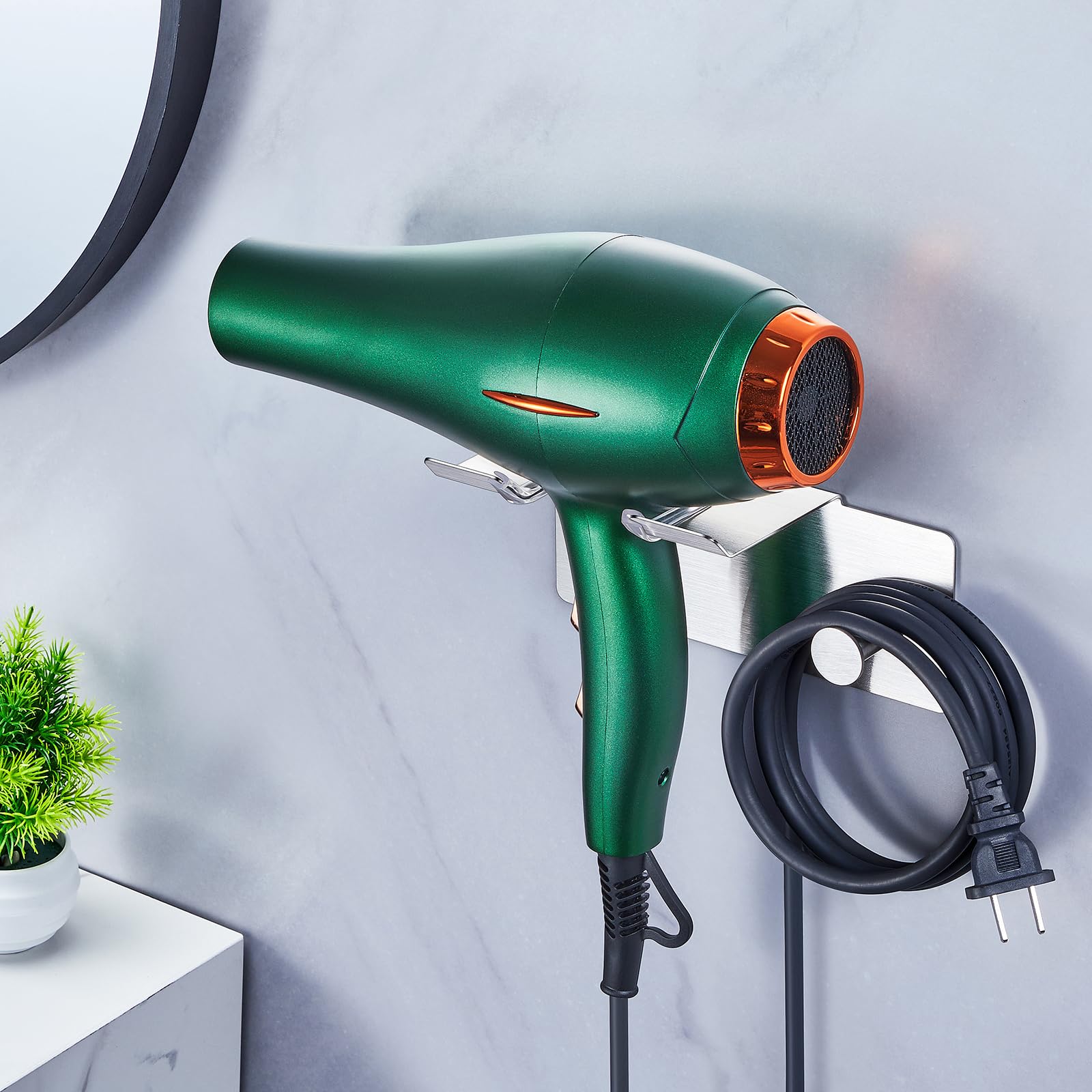 Hair Dryer Holder Wall Mounted, Blow Dryer Holder, Adhesive Hairdryer Holder for Bathroom, Hair Tool Organizer for Blowdryer Storage, Stainless Steel Hairdryer Organizer Blow Dryer Wall Hanger Stand