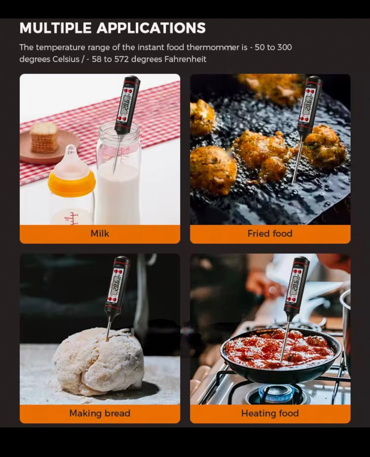 Digital Meat Thermometer – Instant Read for Grilling, Cooking, Food, Liquids – Black Stainless Steel Probe