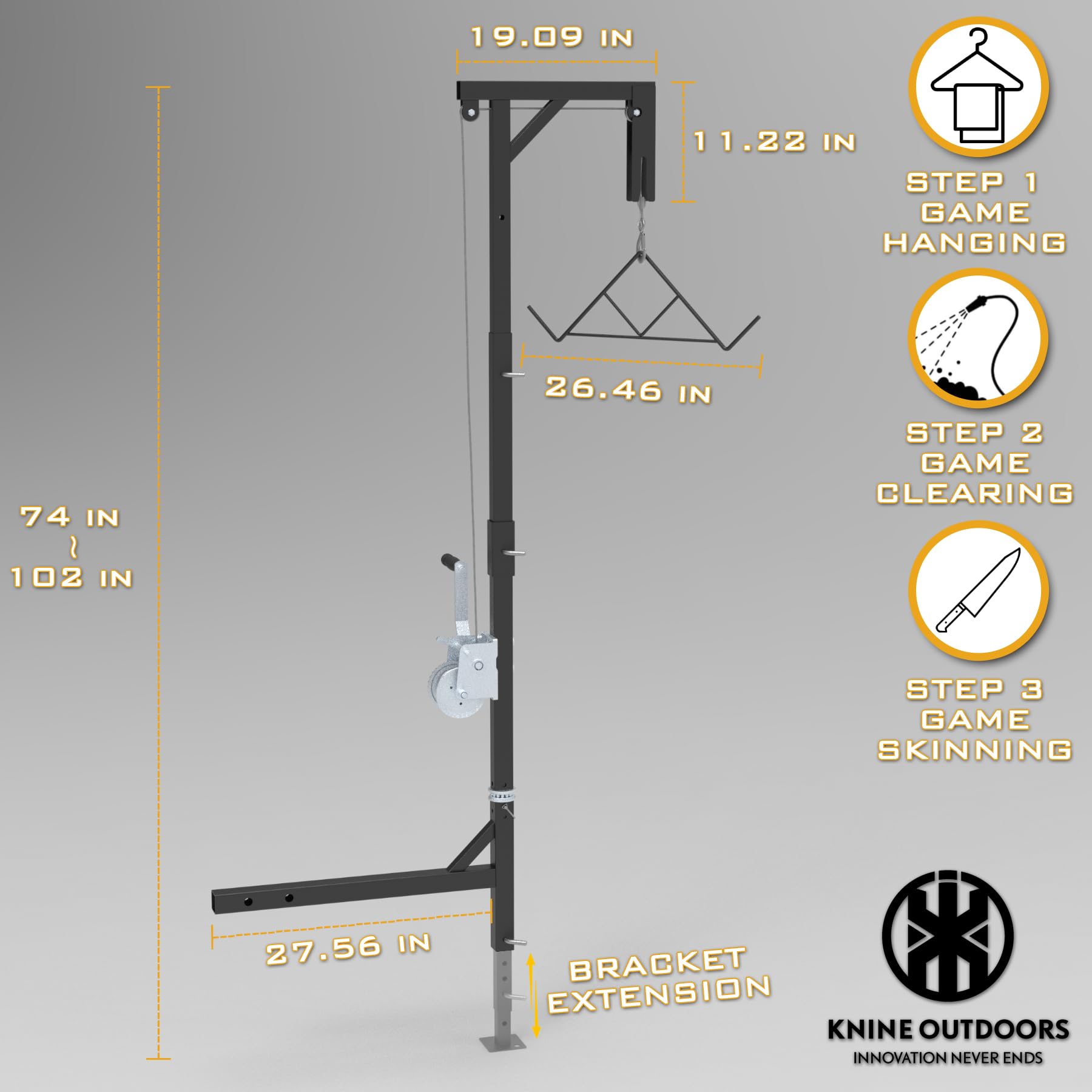 KNINE OUTDOORS Portable Game Hoist with 600 Pounds Capacity Truck Hitch Mount Deer Hanger with 360 Degree Swivel Complete Hoist Kit with Winch and Gambrel for Hunting Season Game up to 600lbs