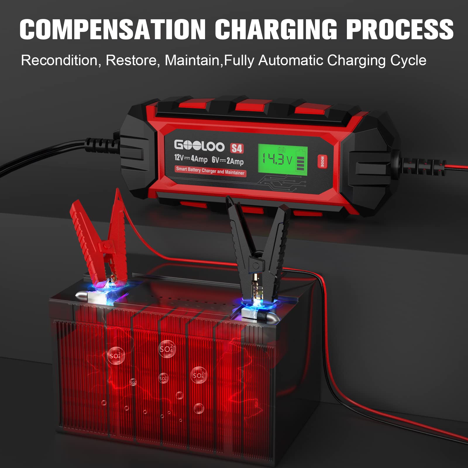 GOOLOO S4 4 Amp Car Battery Charger Automotive, 6V/2A 12V/4A Smart Trickle Charger Maintainer with Supply Mode, Automatic Motorcycle Battery Charger for Truck Lawn Mower RV Boat Lead-Acid Battery