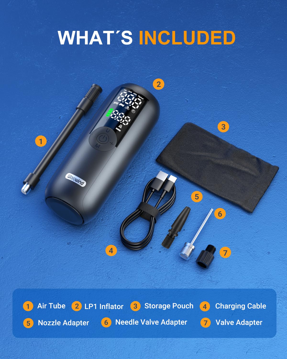 Woowind LP1 Tire Inflator Portable Air Compressor Bike Pump 150PSI Air Pump for Car Tires Auto Off Tire Pump with Presta, Schrader and Dunlop Valve