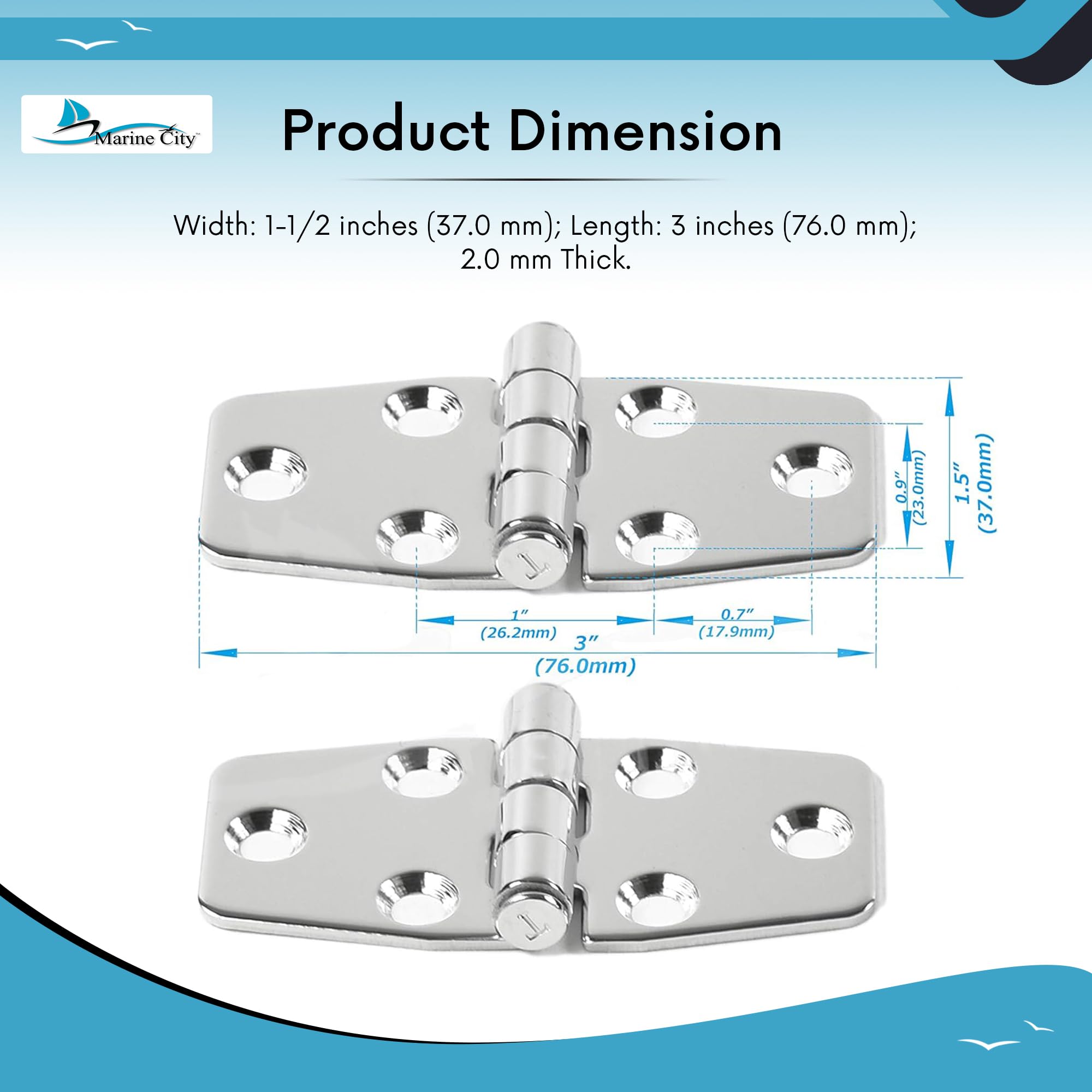 MARINE CITY Heavy Duty 304 Stainless Steel Polished Door Strap Hinges (1-1/2 × 3 Inches) for Boats – Kayaks – Yacht Doors – Peer Doors – Motor Boxes (Pack of 2)