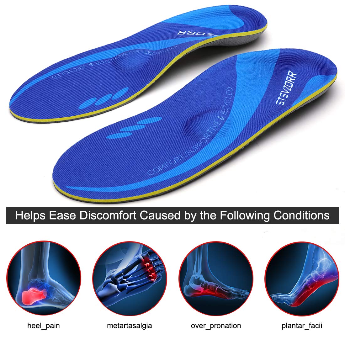 High Arch Support Insoles Plantar Fasciitis Orthotic Shoes Inserts Relieve Flat Feet Heel Pain Athletic Cushioning