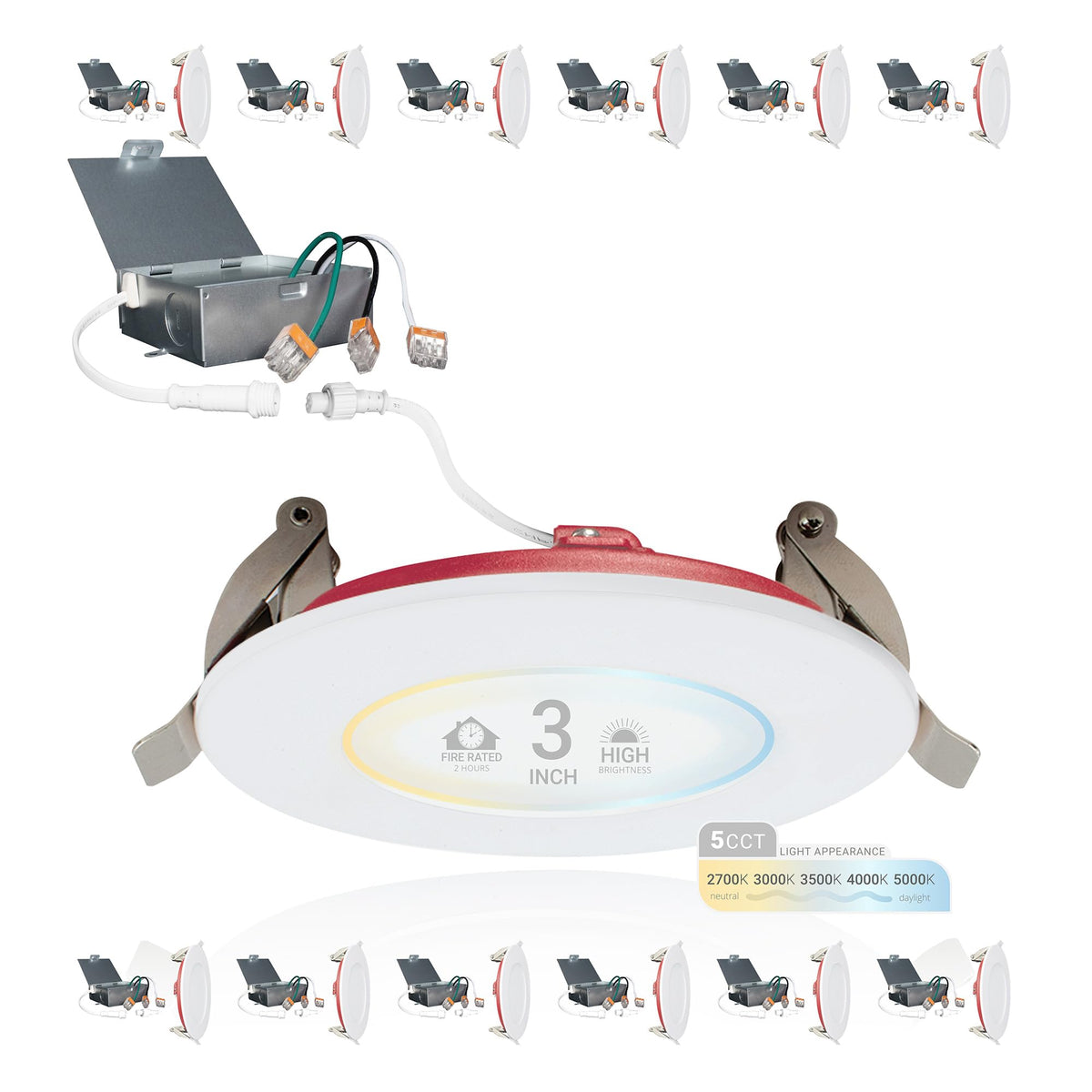 NUWATT 12 Pack, 3 Inch 2 Hour Fire Rated Ultra-Thin LED Recessed Light, 2700K/3000K/3500K/4000K/5000K Selectable, 550LM, 8W, Dimmable, IC Rated, Wet Rated Canless Wafer Downlight, No Fire Cone Needed