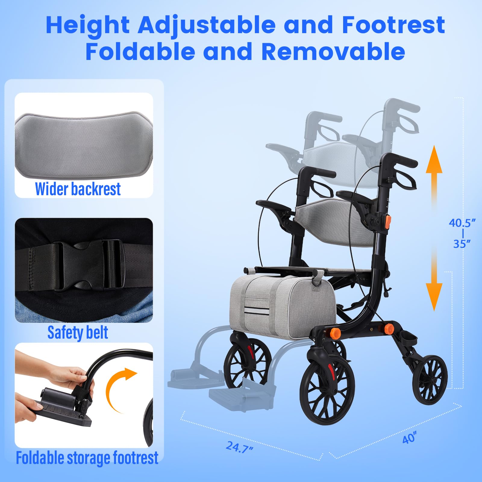 2-in-1 Walkers for Seniors with Seat & Transport Wheelchair Combo,All-Terrain Rolling Walker,Adjustable Height for Indoor Outdoor Mobility with Brakes & Storage Pouch