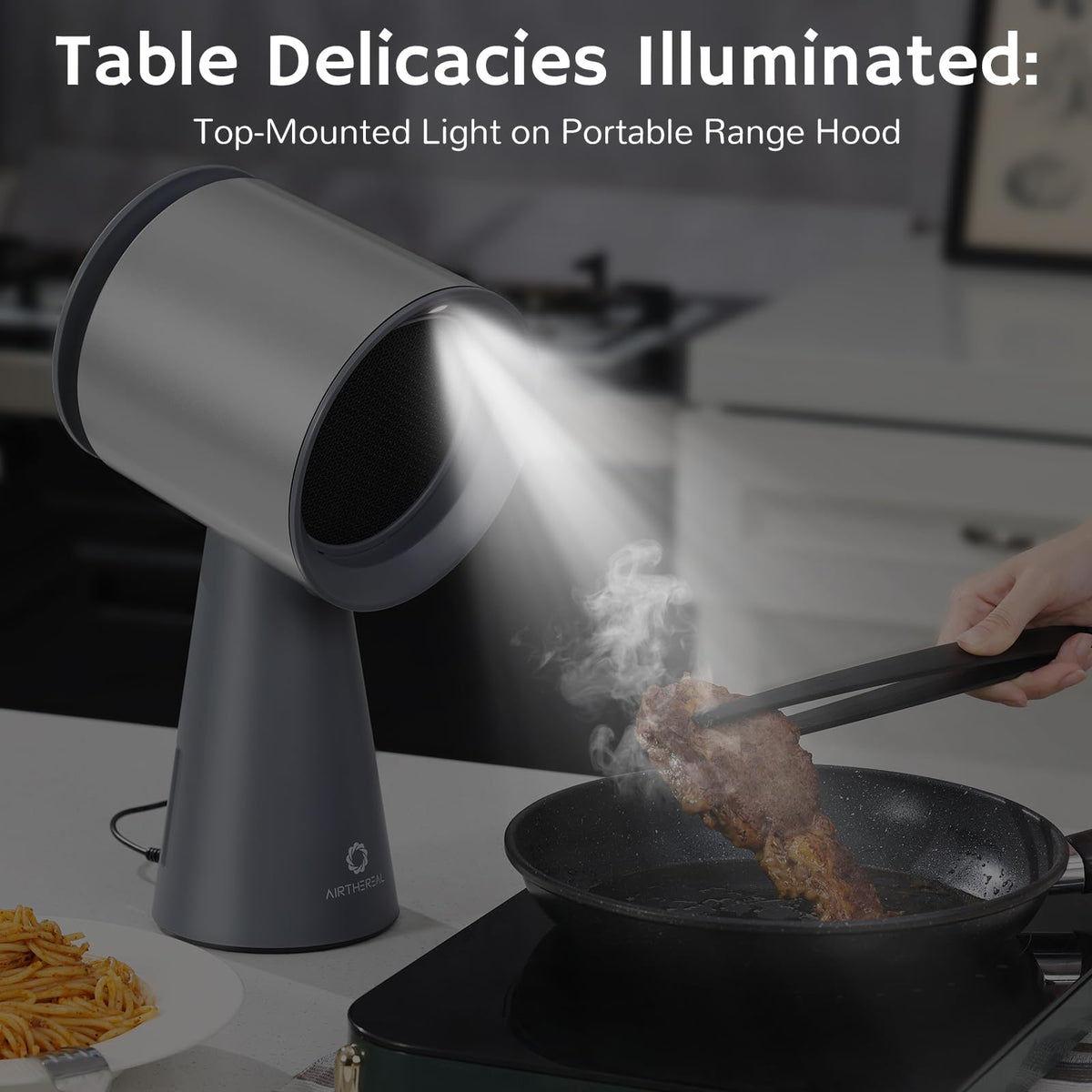 AIRTHEREAL RH180 Desktop Range Hood with 3 Speeds and Large Oil Collection Cup, Detachable Aluminum Carbon Filter, Low Noise Portable Kitchen Exhaust Fan for Cooking, Silver