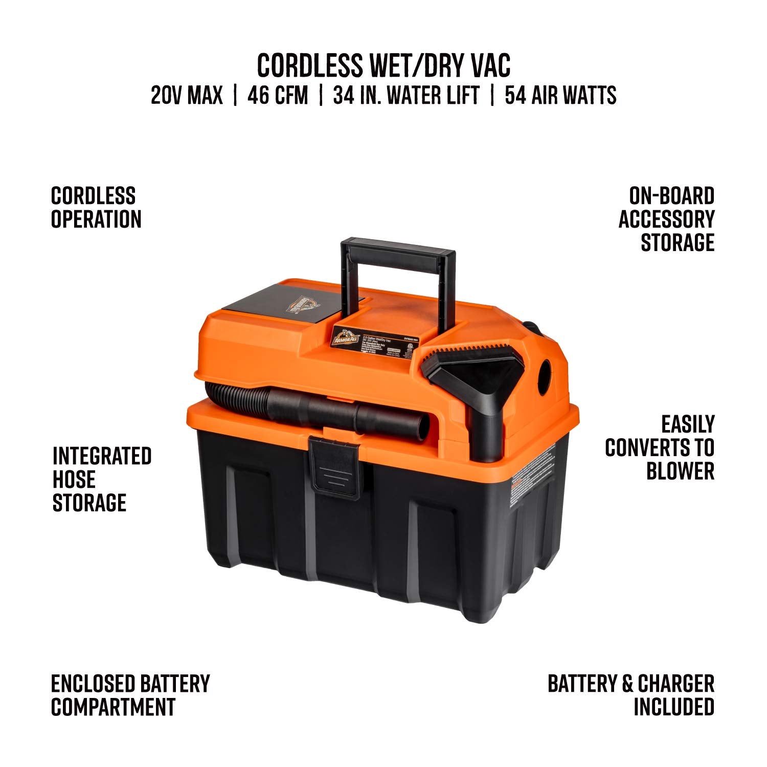 Armor All Cordless 20V Utility Vac 2-Tool Kit,Orange; Black