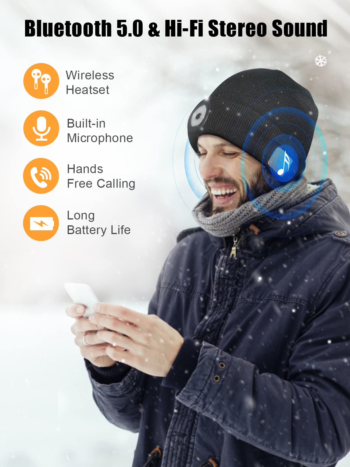 UNBON Bluetooth Beanie with Light, LED Beanie Hat with Headphones, Mens Gifts for Christmas Birthday Stocking Stuffers for Men Unique, Cool Tech Gifts for Men Teen Boys Dad Teens Him