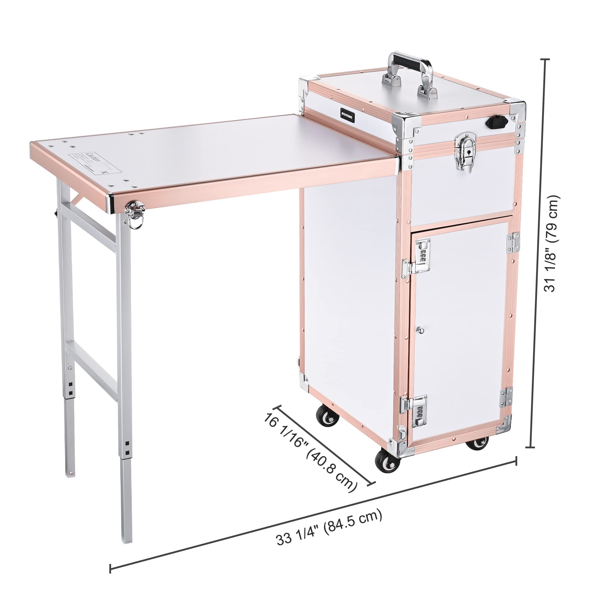 BYOOTIQUE Rolling Manicure Table Foldable Nail Salon Station Makeup Train Case Cosmetic Trolley Travel Storage Organizer with 4 Drawers Mirror & Speaker for Technician Workstation, Rose Gold