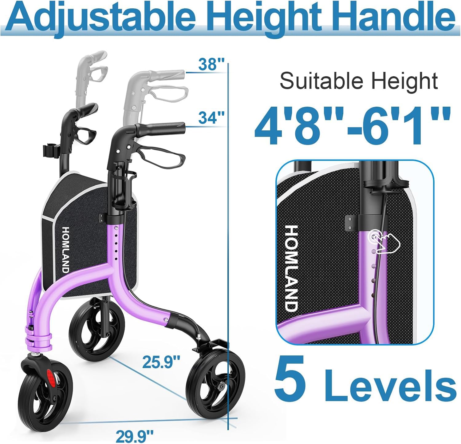 HOMLAND 3 Wheel Walkers for Seniors, Foldable Wheeled Rollator with Cane Hold and Cup Hold, Lightweight Three Wheel Rolling Walker Height Adjustable for Seniors