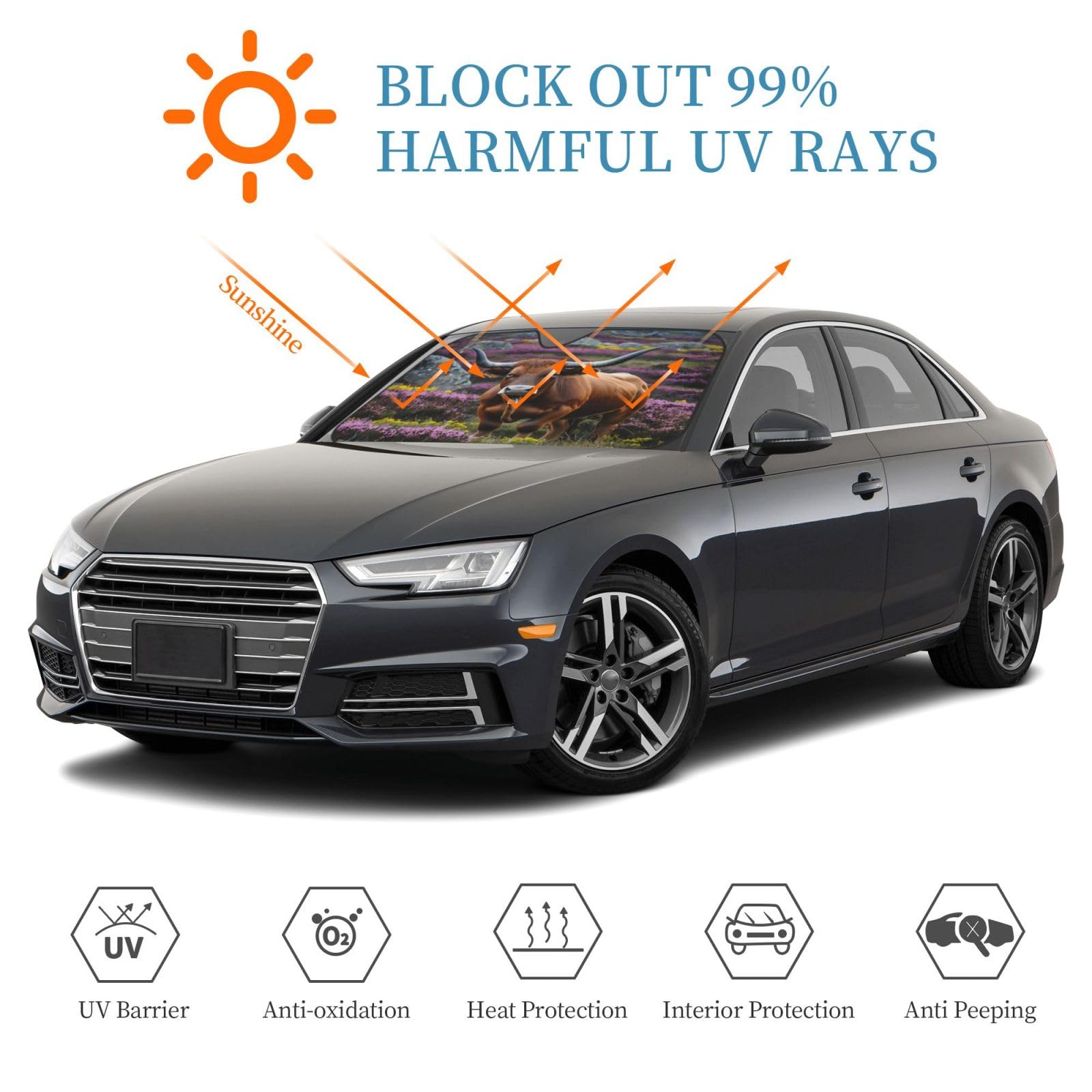 Brown Bullcar Windshield Sunshade - Reflective Fabric Blocks Sun, Foldable Sun Shield for Car, Universal Fit30*55 Inch