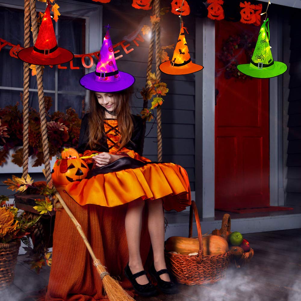 Tcamp Halloween Decorations Lighted Witch Hats Lights, 8Pcs Hanging Glowing Witch Hats with 44ft 104LED Halloween Lights String for Indoor, Outdoor, Yard, Tree Decor (8 Lighting Modes