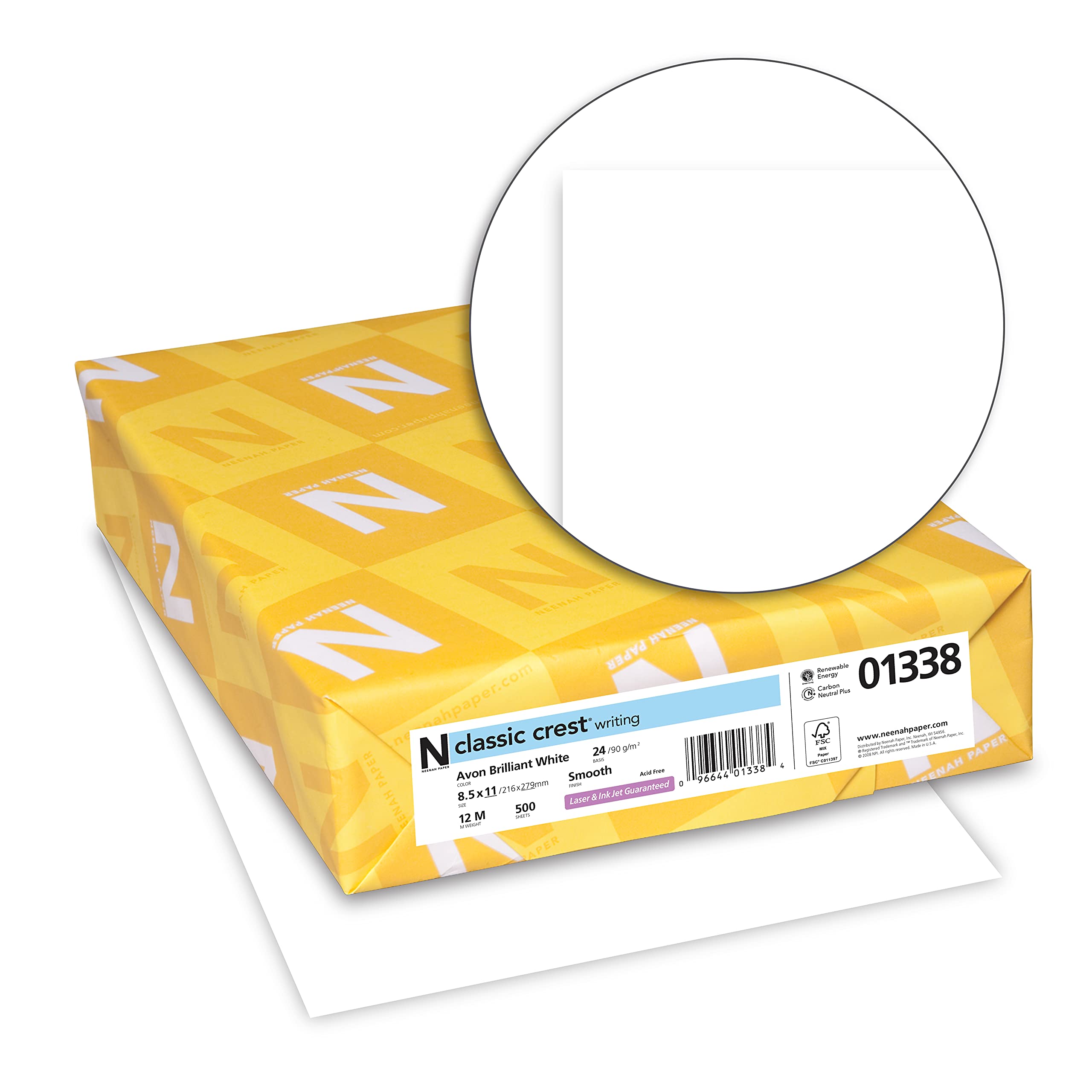 Neenah Paper 01338 CLASSIC CREST Writing Paper, 24lb, 93 Bright, 8 1/2 x 11, Avon White, 500 Sheets