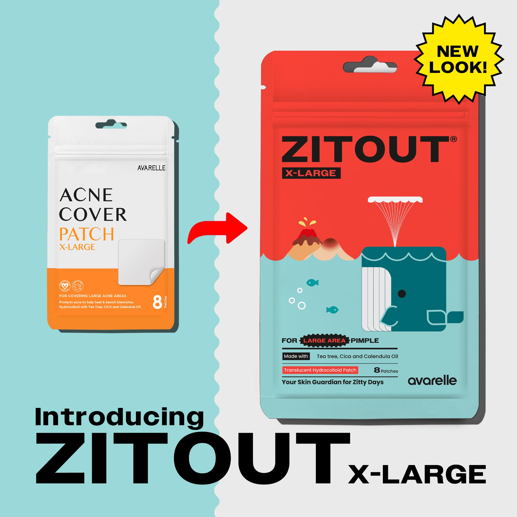 AVARELLE Acne Patches XL, FSA HSA Acne Patch Large | Pimple Patches for Face Cheek & Nose (8 Count) | Large Hydrocolloid Acne Treatment with Tea Tree, Calendula, & Cica by ZITOUT™