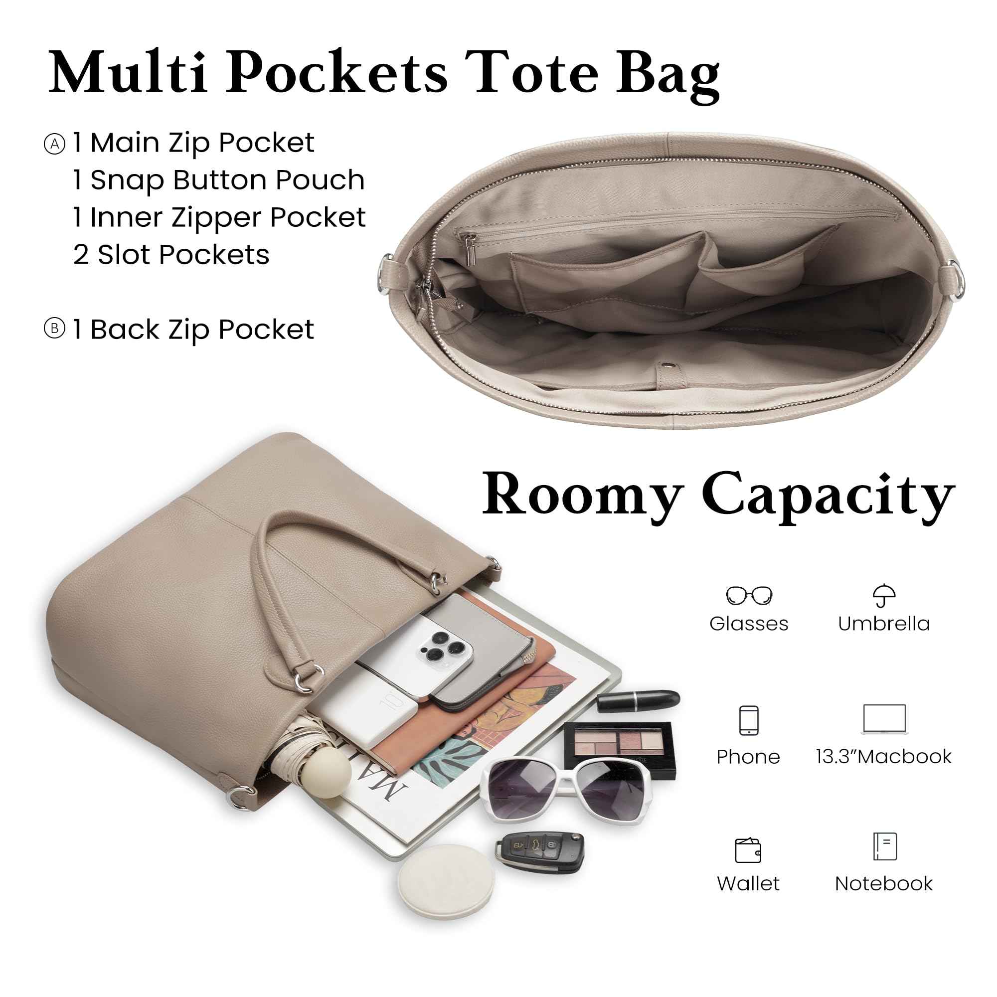 befen Genuine Leather Tote Bag for Women Shoulder Totes Crossbody Bags Purses Handbags with Top Handles Satchel Purse for Daily and Travel Taupe