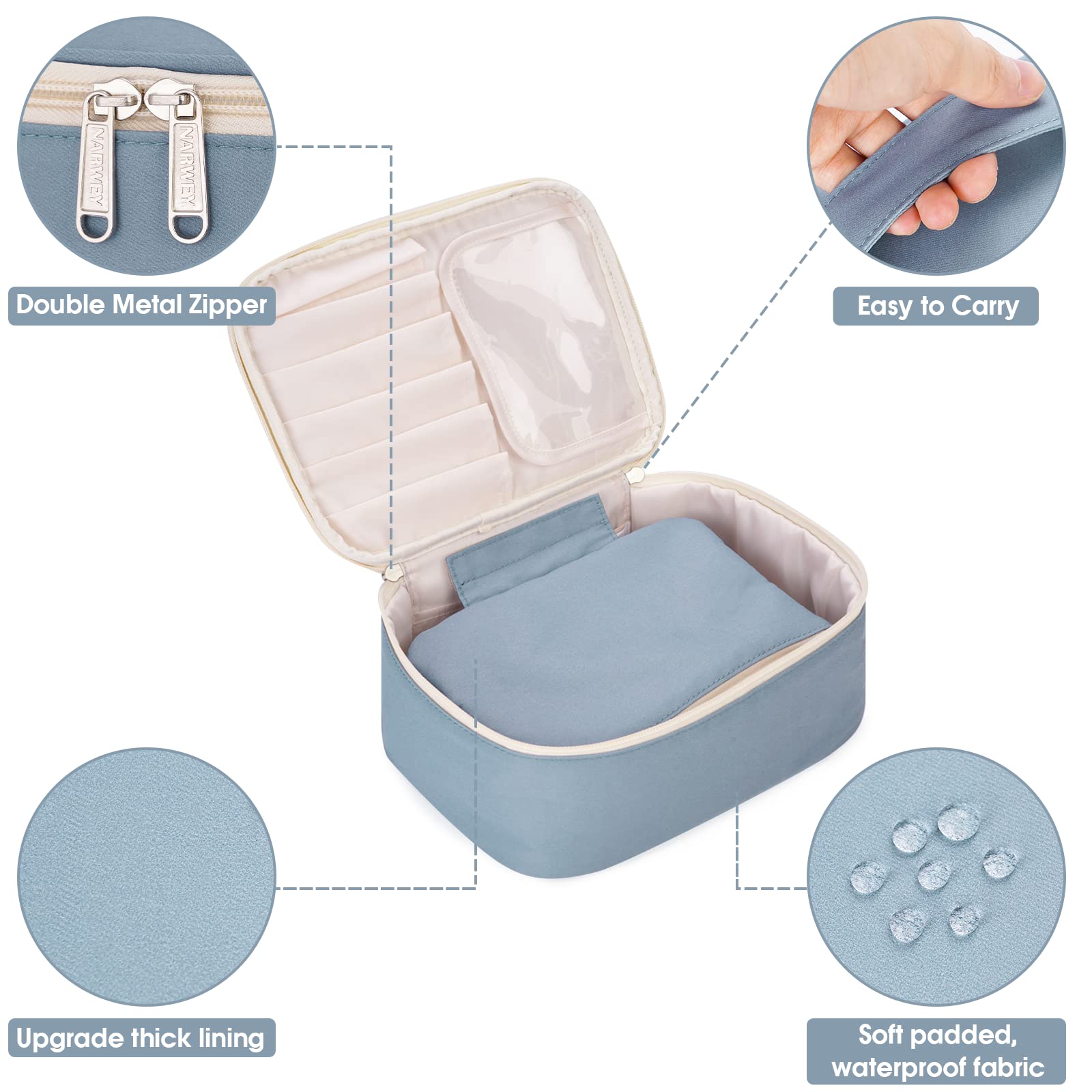 Narwey Travel Makeup Bag with Brush Compartments,Portable Cosmetic Bag,Make up Bag Makeup Organizer Case with Brush Storage for Women (Greyish Blue-1)