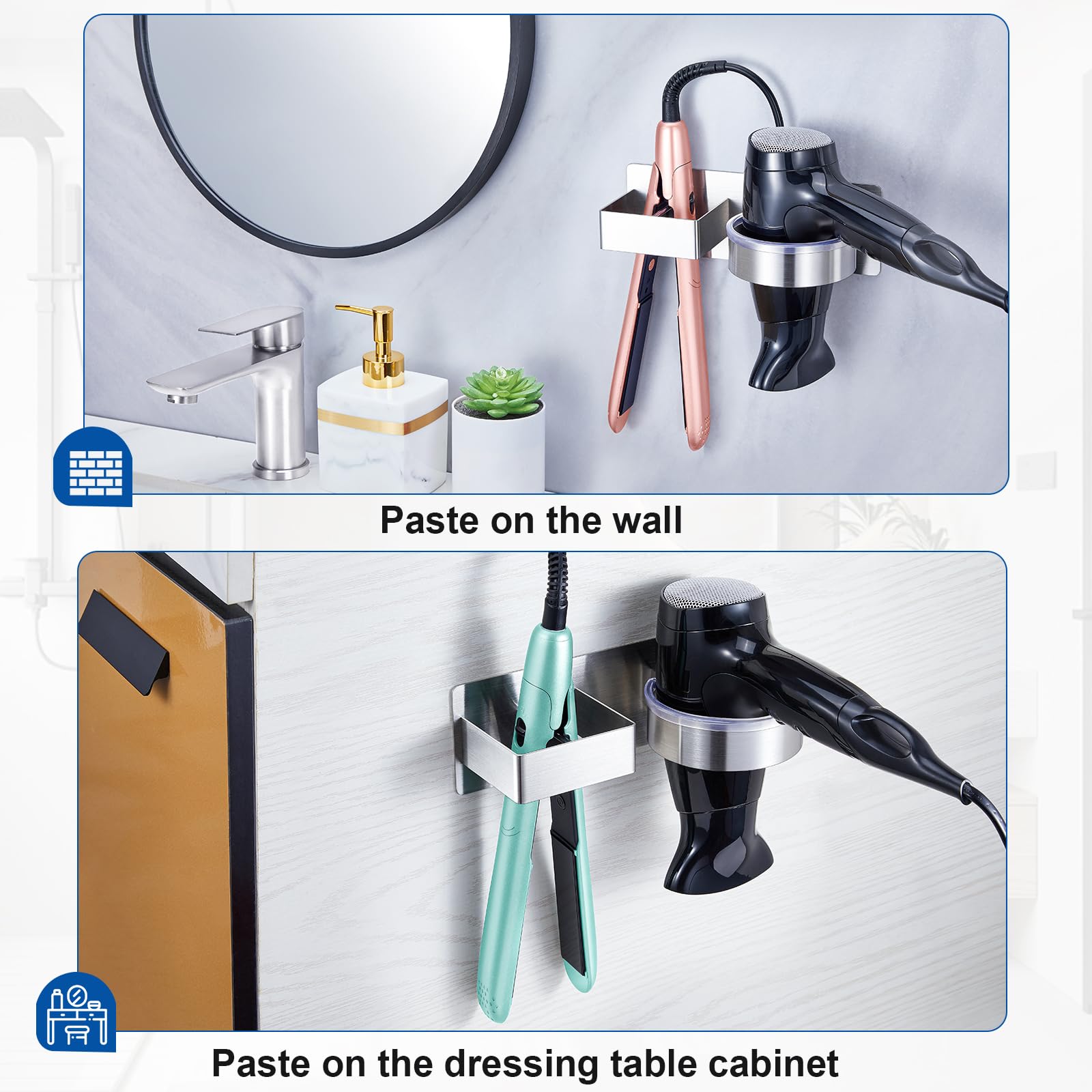 Hair Dryer Holder Wall Mounted, Hair Straightener Holder, Stainless Steel Blow Dryer Holder, Hair Tool Organizer for Hairdryer Holder Storage, Adhesive Curling Iron Holder for Bathroom Vanity