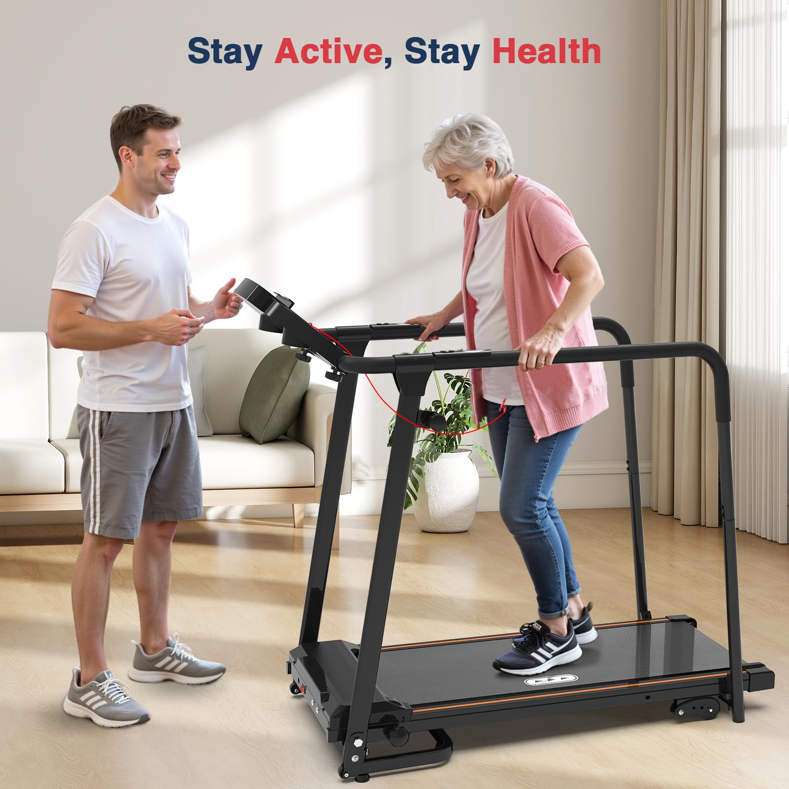 Redliro Walking Treadmill for Seniors - Foldable Senior Treadmill with 0%-2% Incline, Long Handrails - 300 lbs Capacity Home Recovery Fitness Exercise Machine for Elder, Mute & Qucik Speed Button