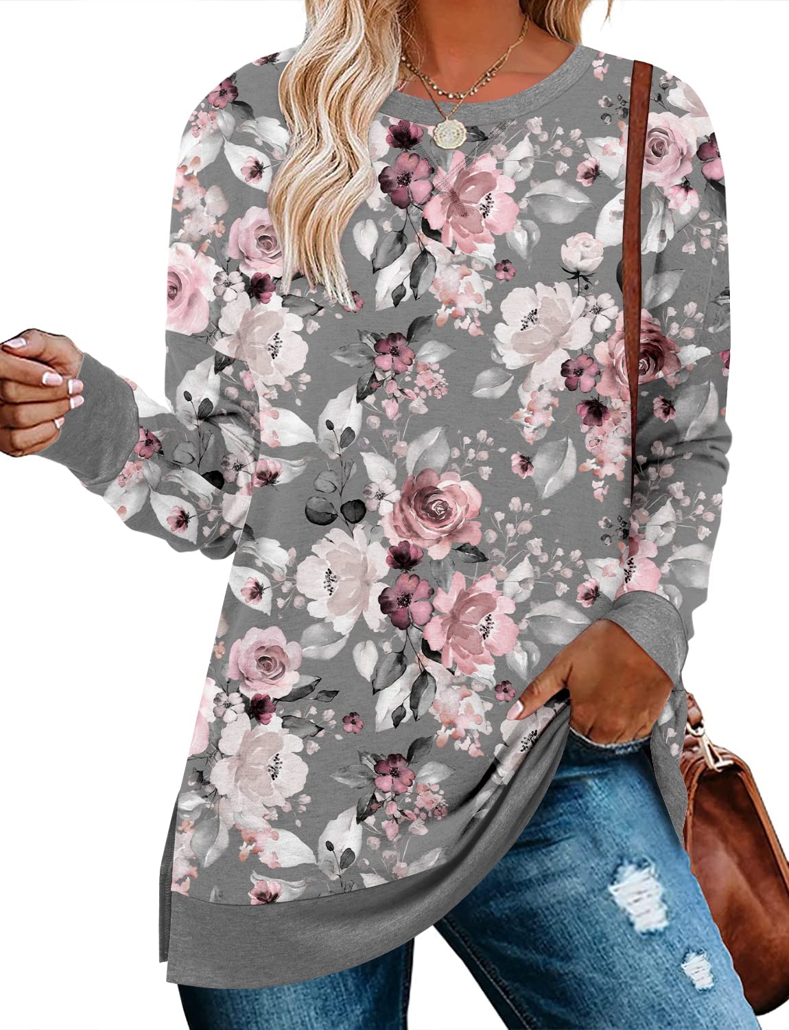 BETTE BOUTIK Floral Grey Crewneck Womens Long Sleeve Top Floral woman Long Sleeve Long shirt With Side Slit Grey Ladies Tunic Sweater Pink Grey Flower Large