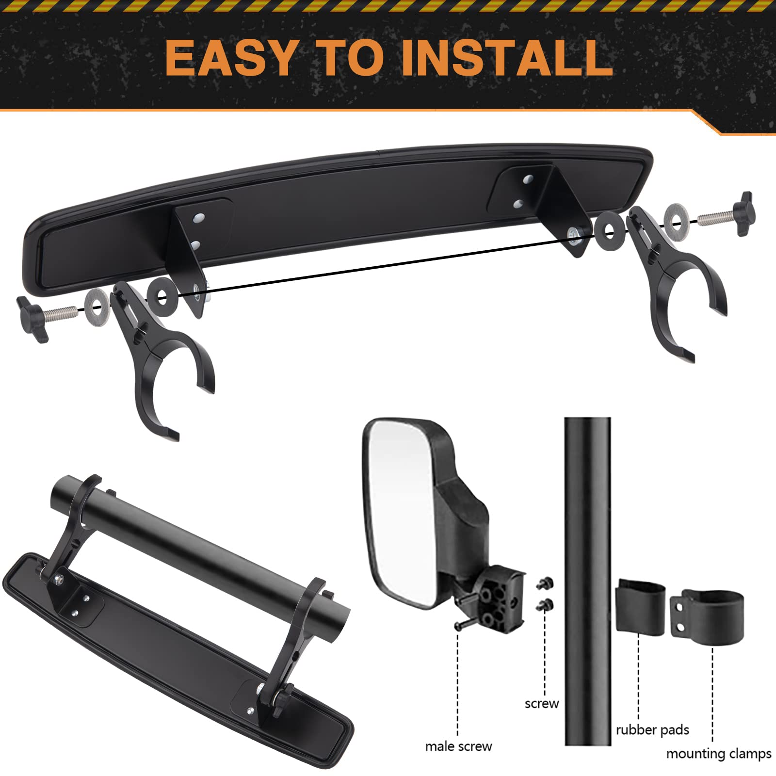 UTV Side Rear View Mirror With 1.75" to 2" Roll Bar Cage Compatible with Polaris RZR Honda Pioneer Yamaha Rhino Kawasaki Teryx, With Center View Mirror
