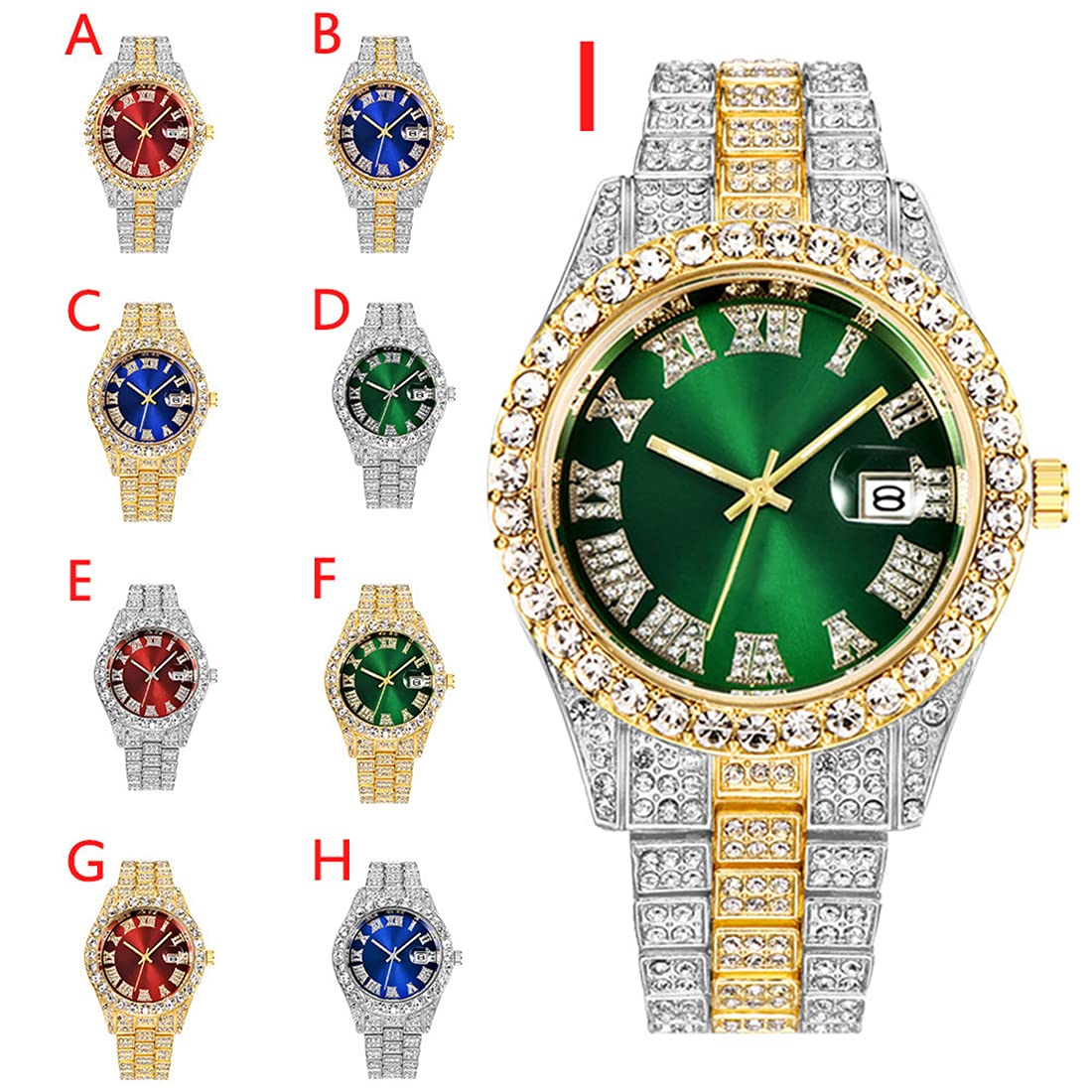 BESTKANG Unisex Luxury Iced Out Watch Mens Diamond Watches Roman Numerals Watches Quartz Analog Wrist Watch (Two Tone red)