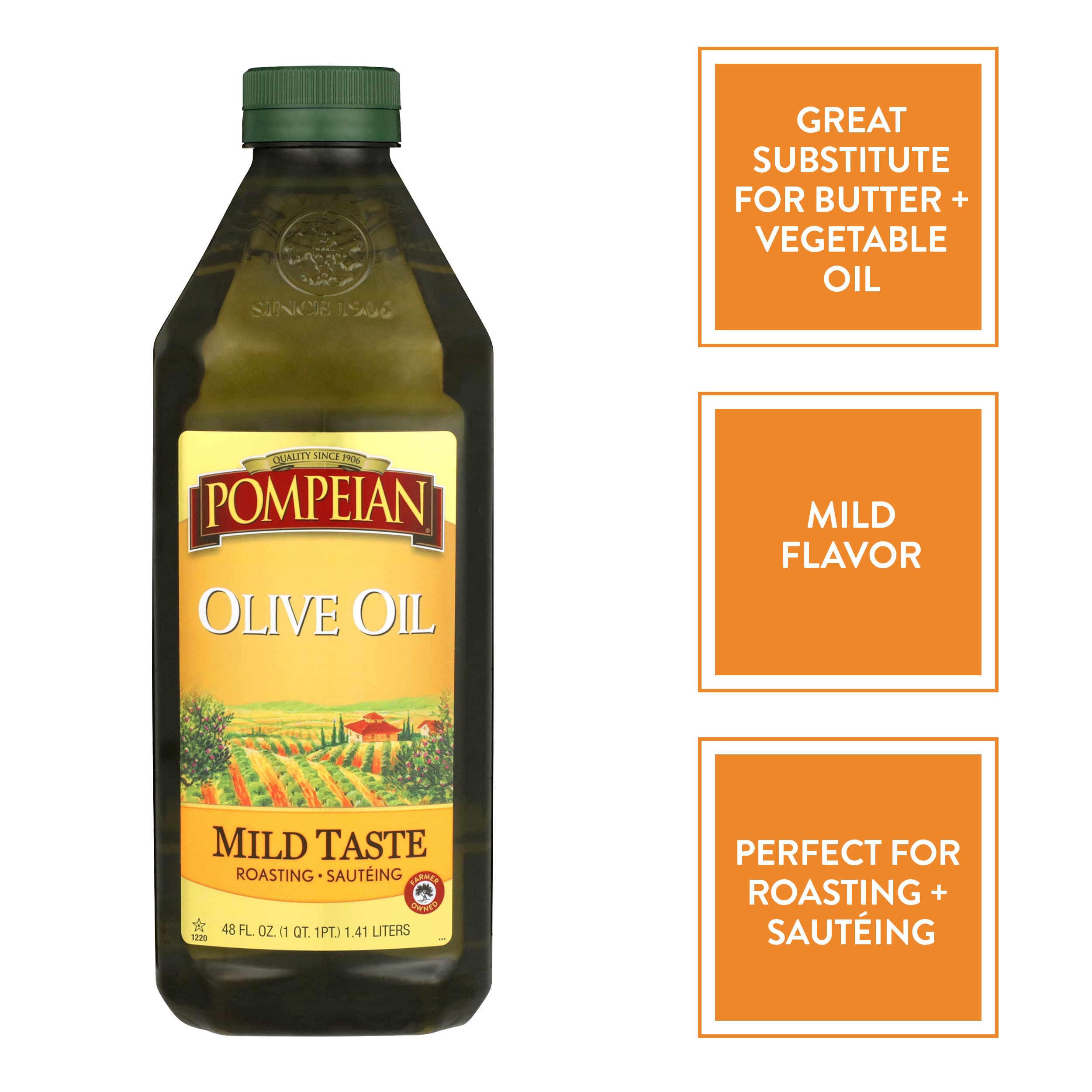 Pompeian Mild Taste Olive Oil, Mild Flavor, Perfect for Roasting & Sauteing, Naturally Gluten Free, Non-Allergenic, Non-GMO, 48 FL. OZ.