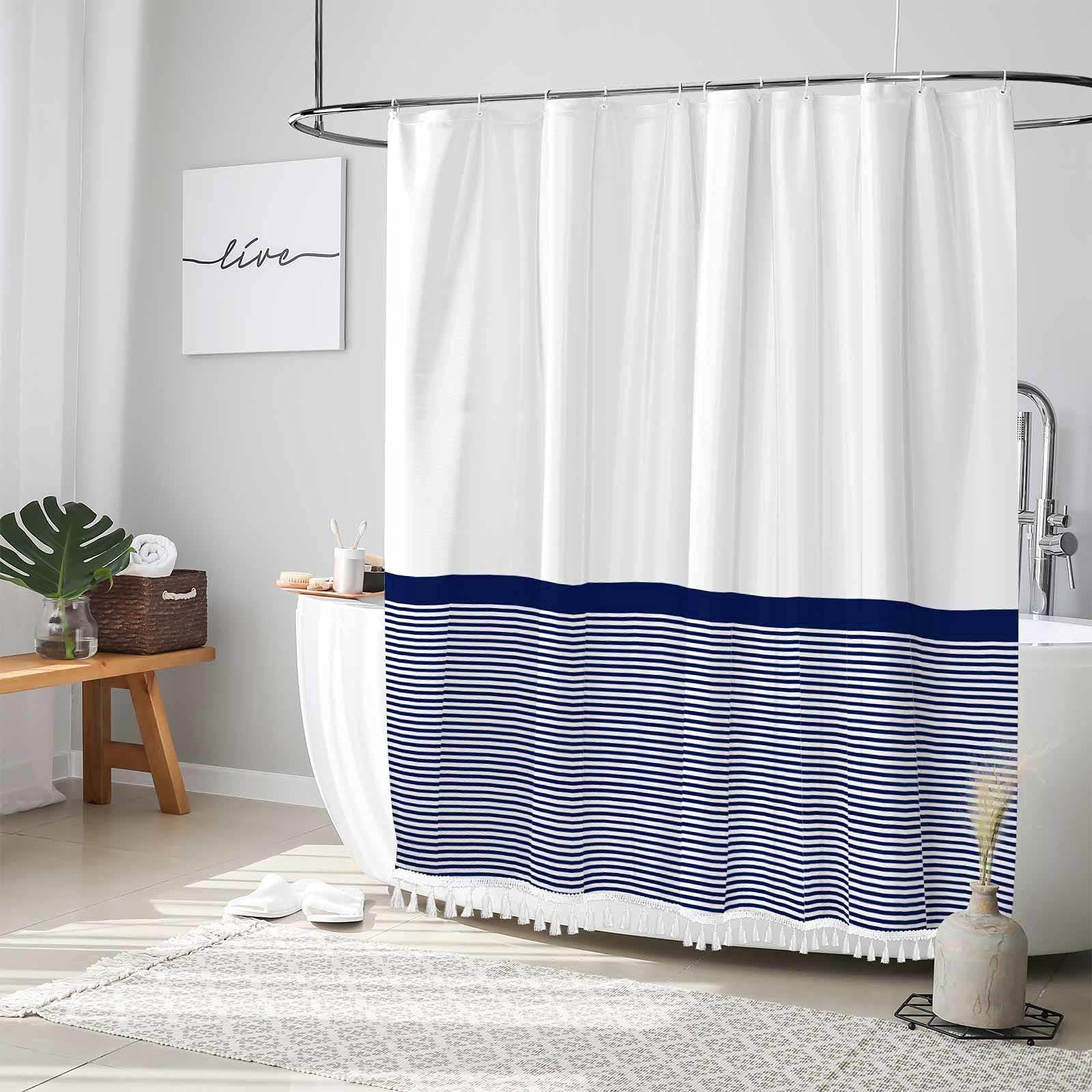 Seasonwood Navy Blue Striped Shower Curtain with Tassel for Bathroom Decor,Chic Polyester Bath Curtain Set with Hooks, 72 x 72