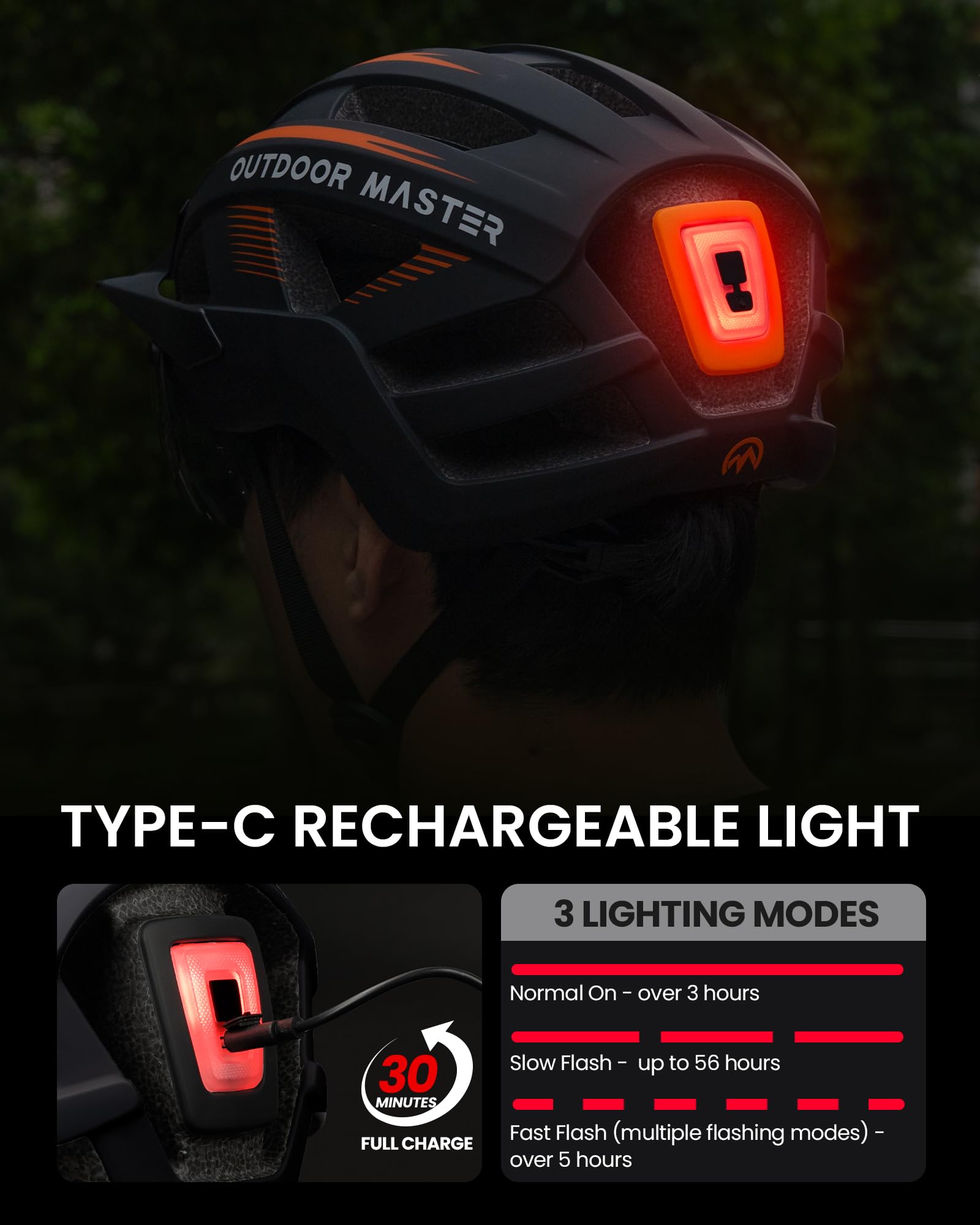 OutdoorMaster Helmets for Adults - Mountain & Road Bike Helmet with Rechargeable Safety Light, Detachable Goggles and Sun Visor - Easy to Adjust, Breathable, Lightweight - Matte White, Medium
