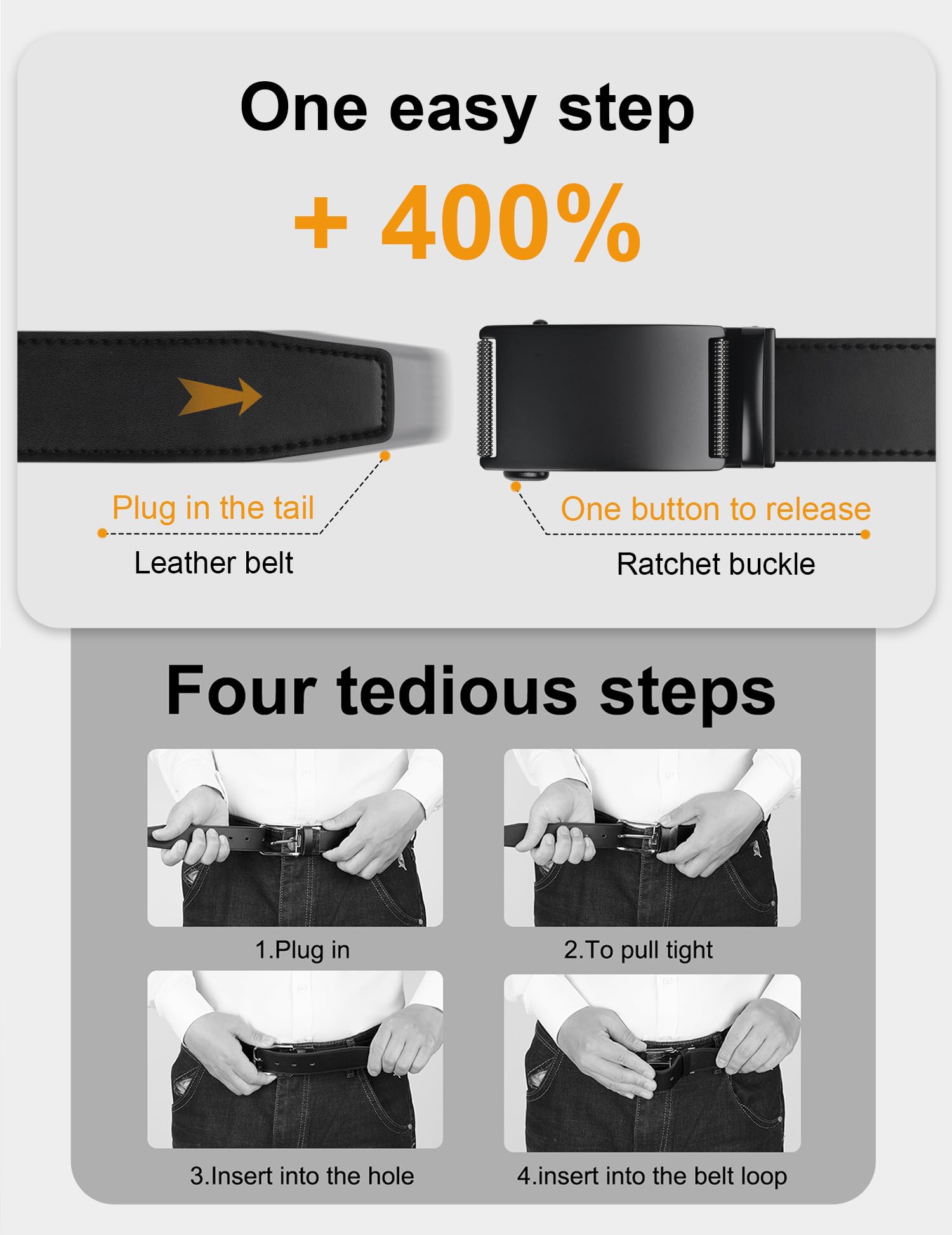 JUKMO Men’s 35mm Leather Ratchet Belt with Original Slide Buckle in Gift Box (Rollers - Black, S-28 to 36" Waist Adjustable (Length 45"))
