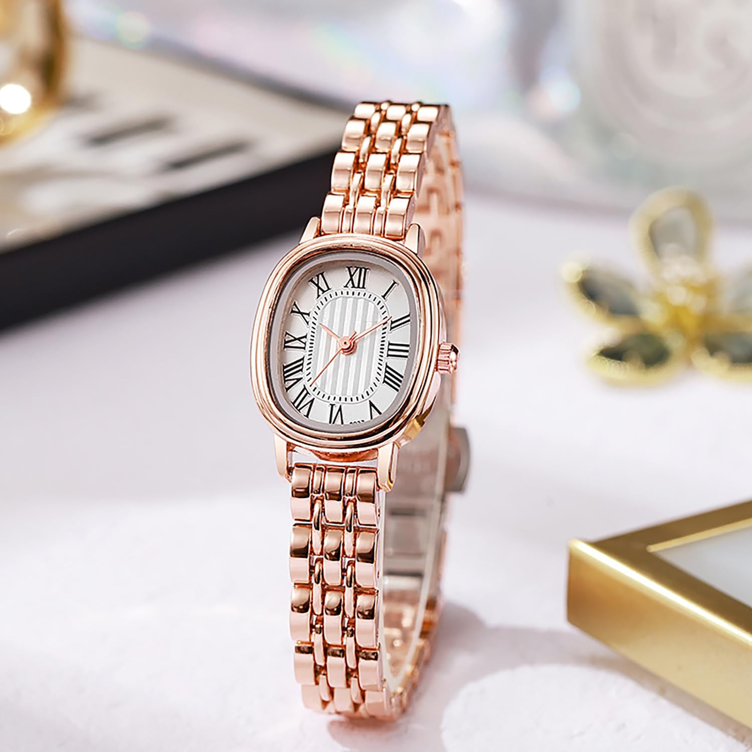 BESTKANG Vintage Oval Women’s Watch Roman Numeral Dial Fashion Waterproof Elegant Watches for Women,Adjustable Strap with Tool (Rose Gold White)