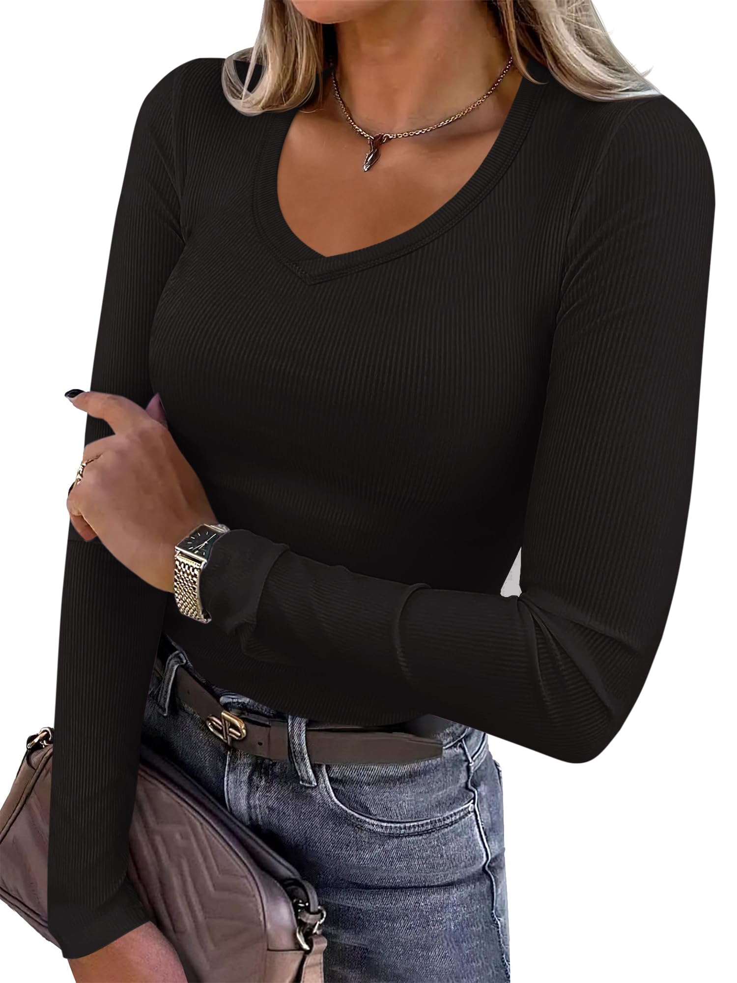 REORIA Womens Long Sleeve Shirts 2025 Fall Trendy Deep V Neck Slim Fit Basic Tops Casual Going Out Top Tee Blouse Black Medium