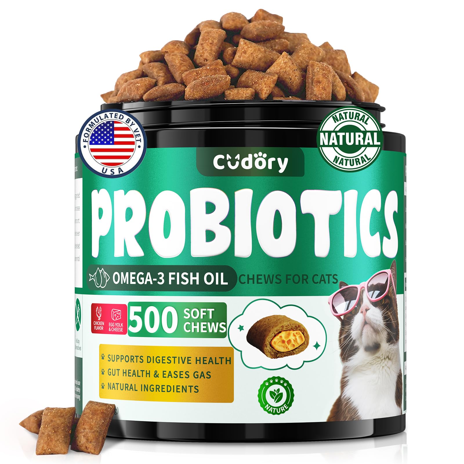 Cat Probiotics Tasty Chews for Digestive & Gut Support - Crunchy & Creamy Texture - Cat Gut Health, Constipation Relief, Healthy Stool, Natural Supplement for Cats, Chicken Flavor - 500 Chews