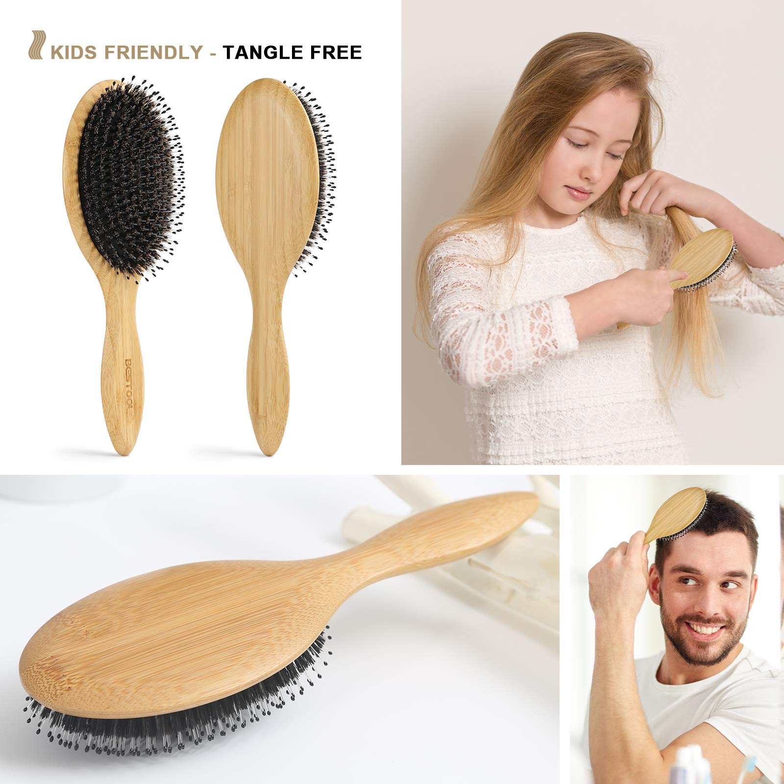 BESTOOL Hair Brush, Boar Bristle Hair Brushes for Women men Kid, Boar & Nylon Bristle Brush for Wet/Dry Hair Smoothing Massaging Detangling, Everyday Brush Enhance Shine & Health (Round)