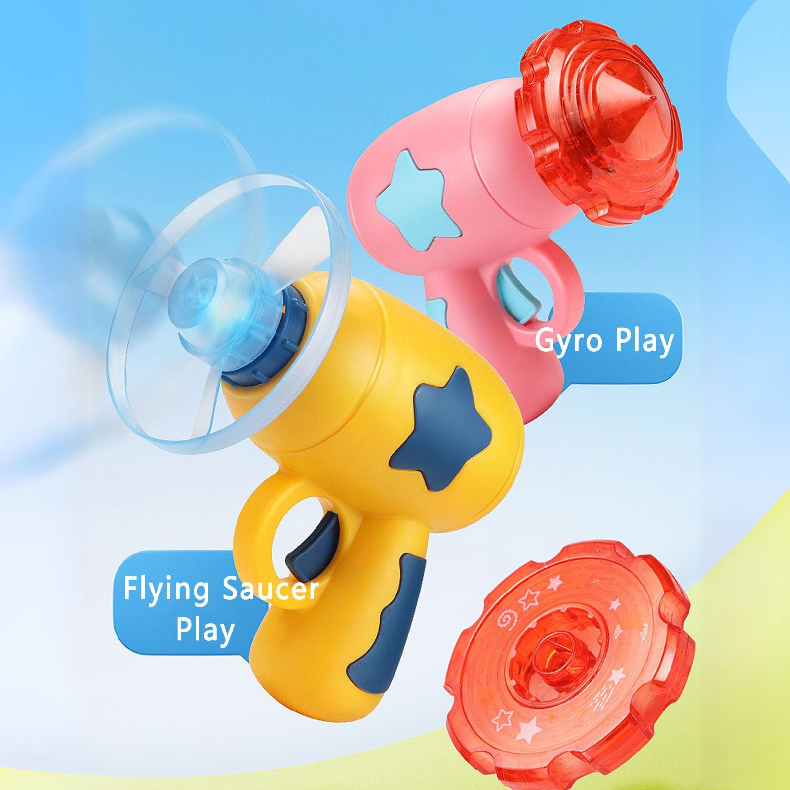 Vilbocr Flying Disc Launcher Toy,Fun and Easy-to-Use Outdoor Toys Outside Yard Games Kids 3-8,1 Flying Saucer & 6 Discs and Gyroscope(2 Glow in The Dark),Launch up to 32 ft (Green)