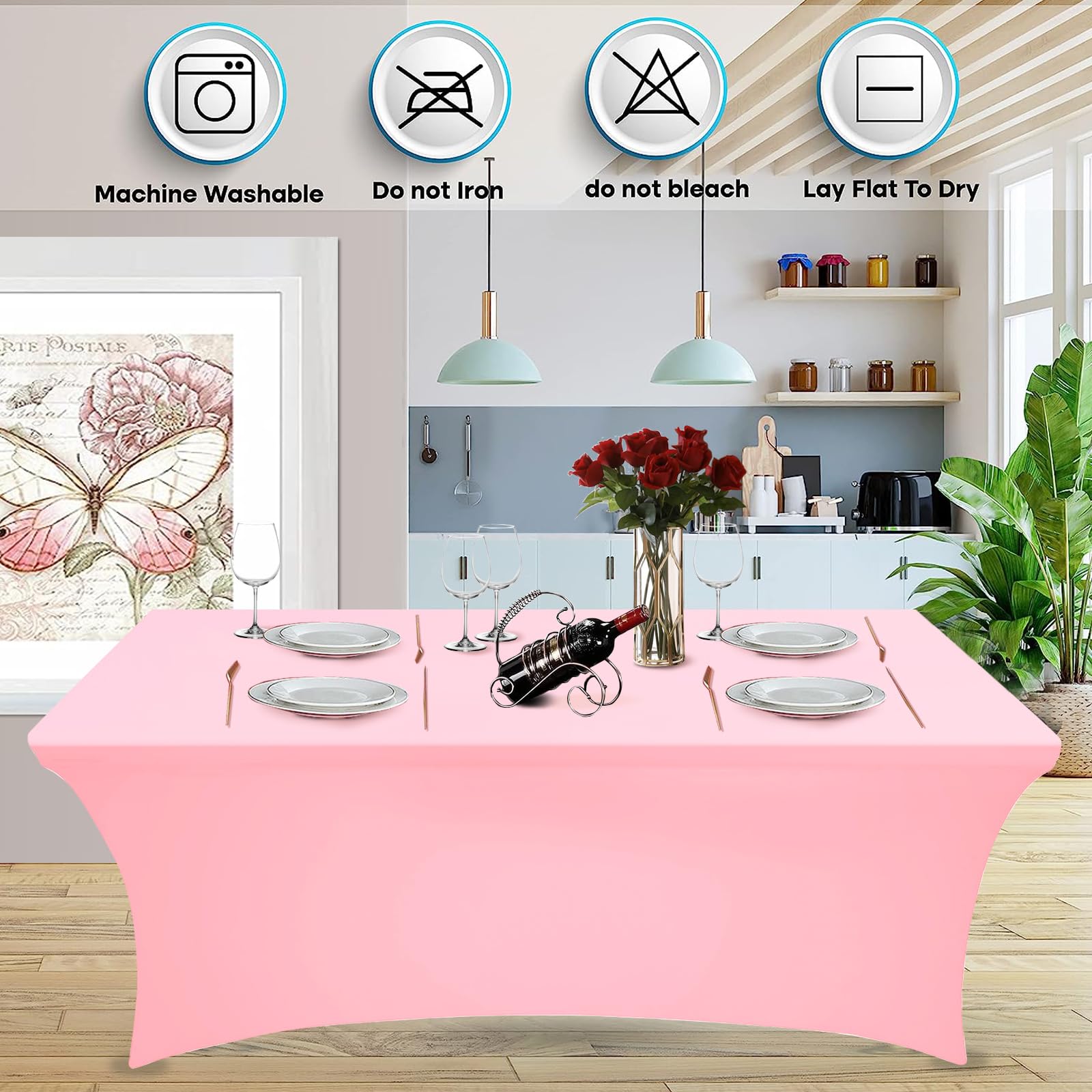 Hussome 4FT Table Cloth for Rectangle Table Light Pink Tablecloth Rectangular Fitted Stretch Spandex Table Covers 4 ft for Birthday, Cocktail, Wedding, Banquet Spring Summer Outdoor Party