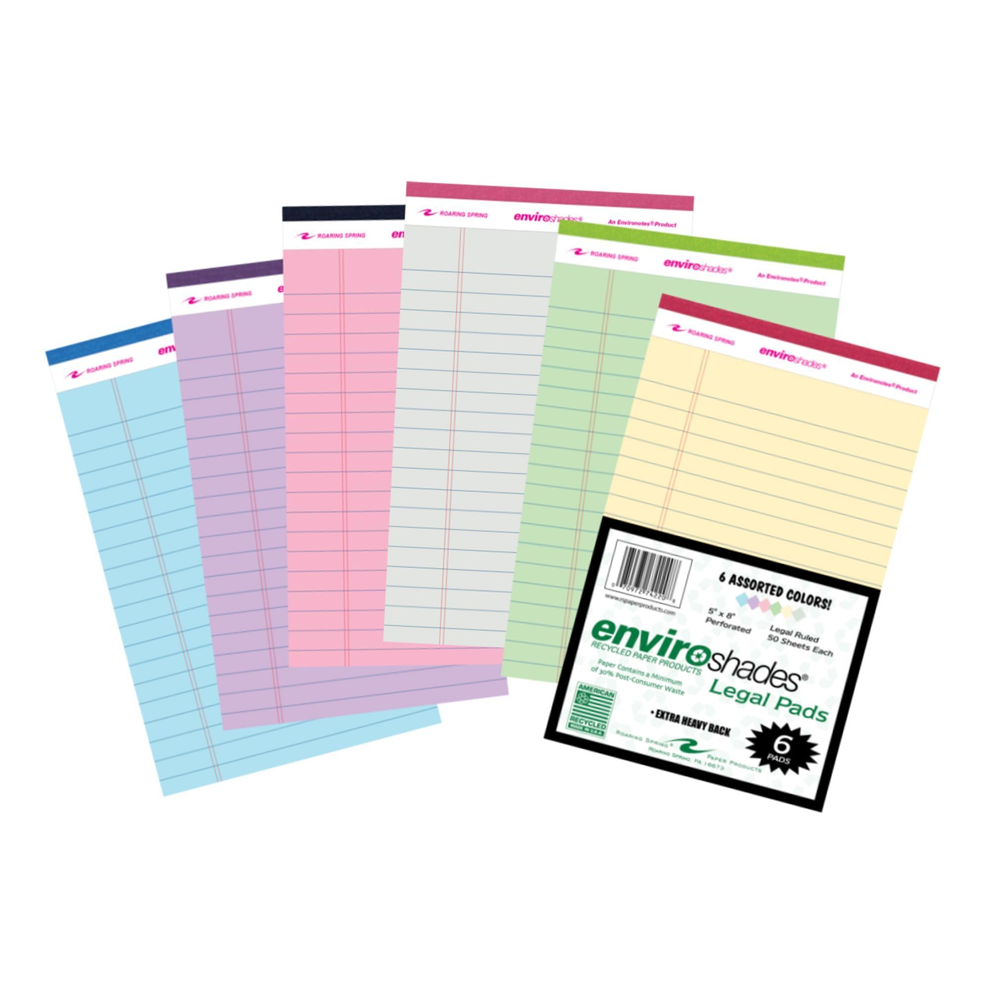 ROARING SPRING Enviroshades Recycled Mini Legal Pads, 6 Pack, 5" x 8" 50 Sheets, Assorted Colors
