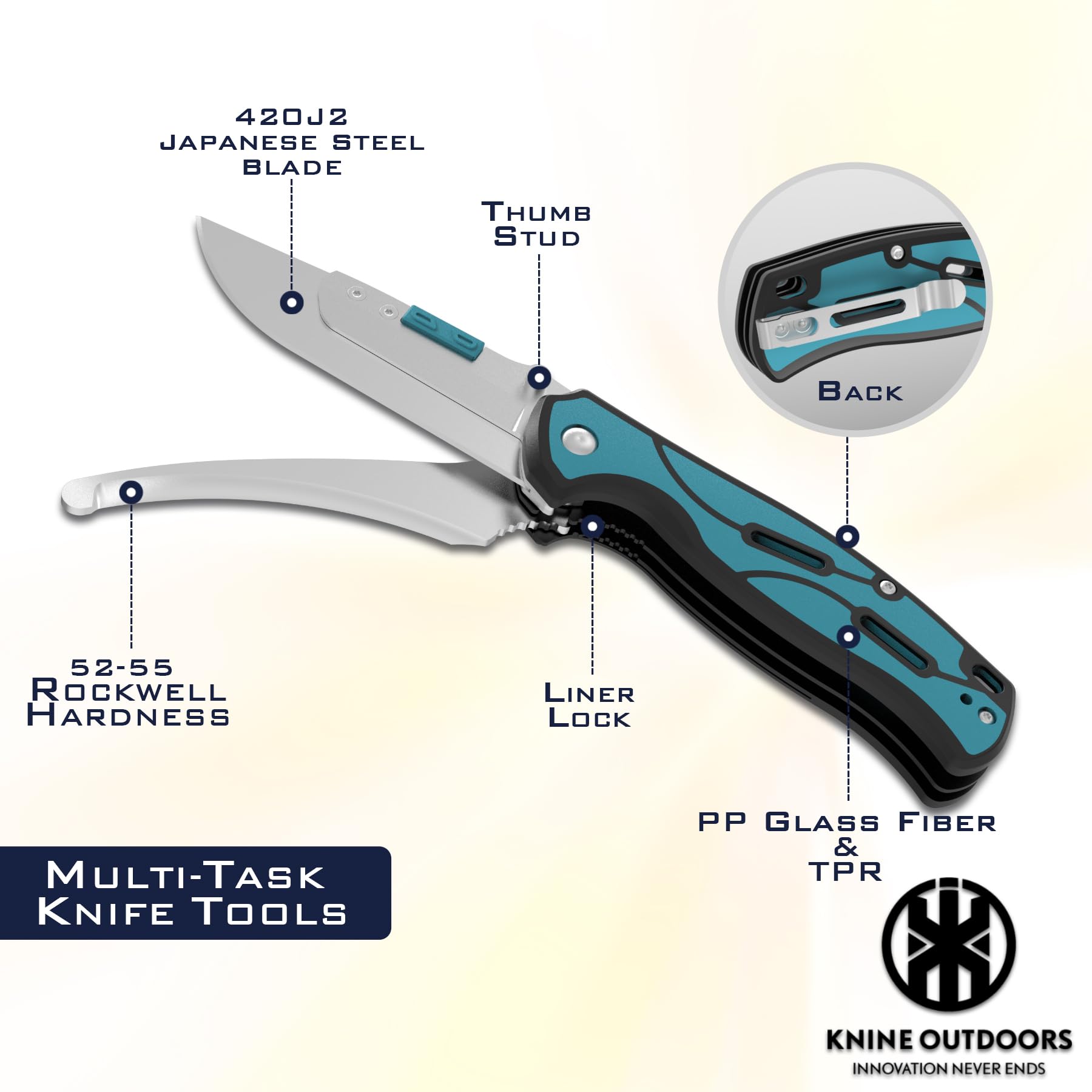KNINE OUTDOORS Hunting Double Blade Pocket Knife with Replaceable Blades and Clip, Skinning and Gutting Knife, EDC for Deer Hunting, with 9 Blades (Blue)
