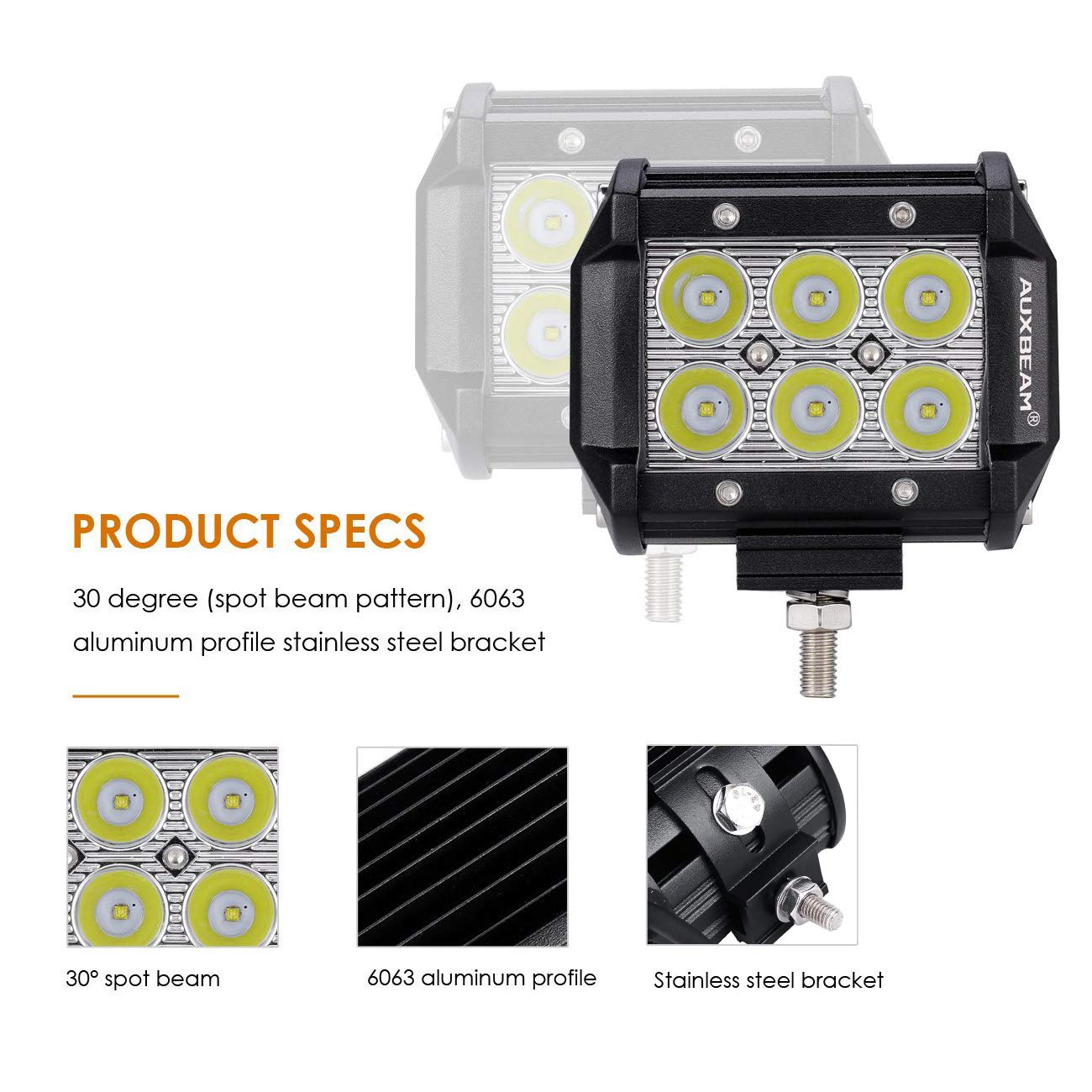 Auxbeam 2 Pcs LED Light Bars 4 inch LED Pods 18W Driving Light Spot Beam for Jeep, ATV, UTV, Truck, Offroad Vehicle (Without Wiring Harness)