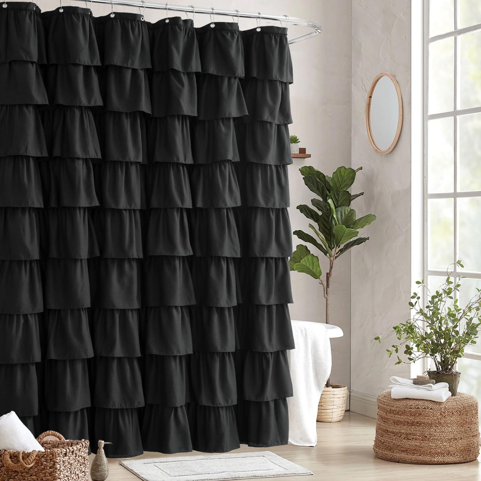 Seasonwood Black Ruffled Shower Curtain 72x72 Inch Farmhouse Bathroom Decor with Nature Buttons, Shabby Chic & French Country Style Fabric Curtain for Bath
