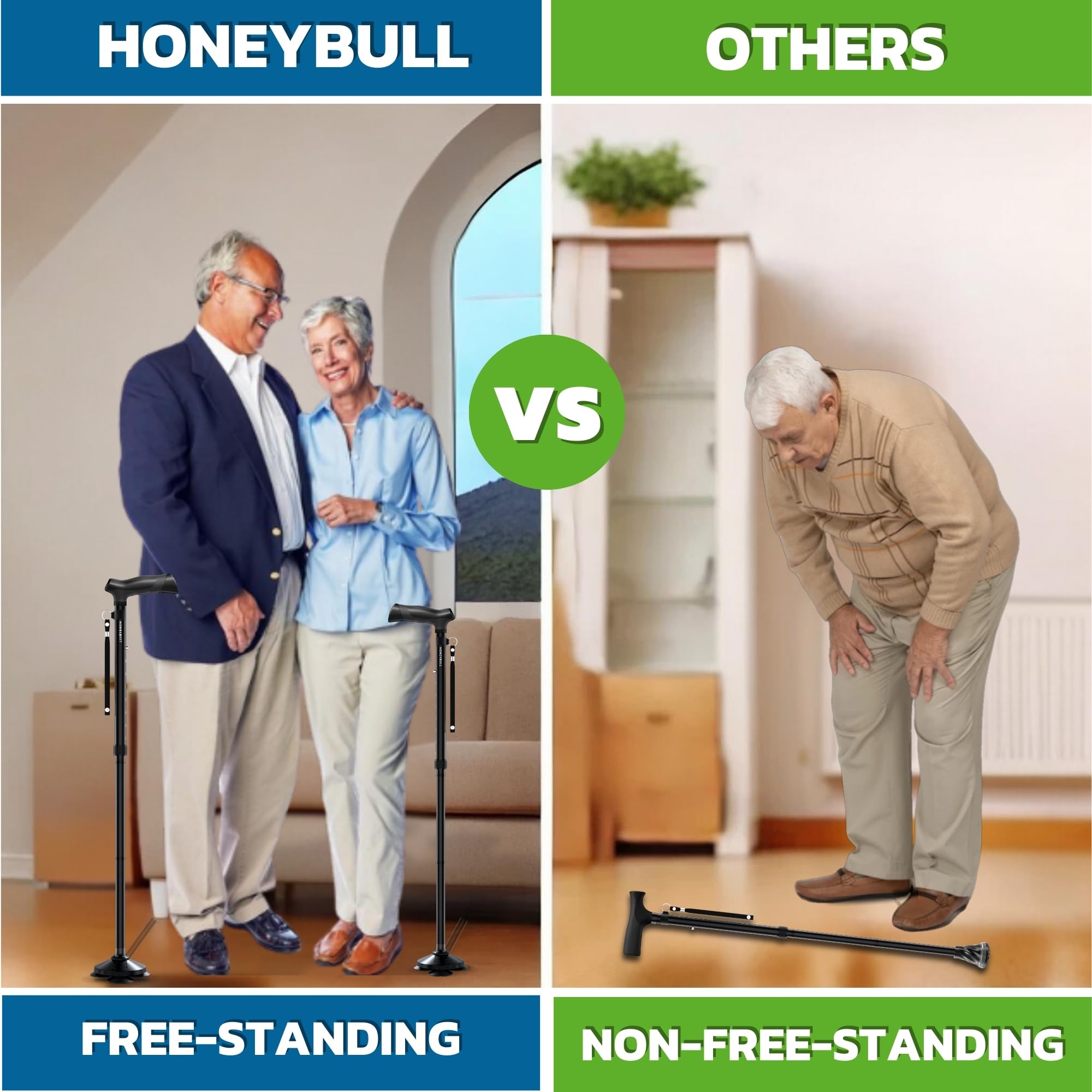 HONEYBULL Walking Cane for Men & Women Foldable, Adjustable, Heavy Duty, Free Standing, All Terrain, Collapsible Walking Sticks for Seniors & Adults (Black)