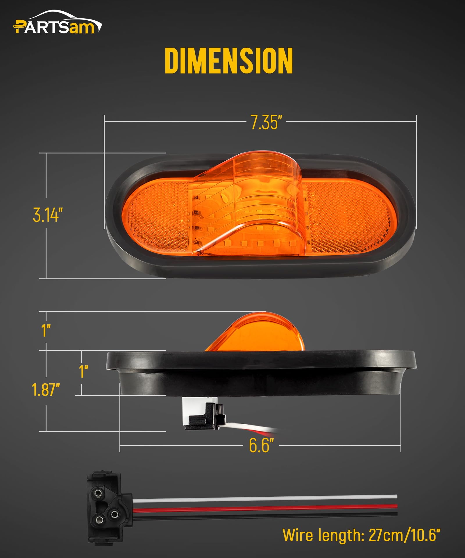 Partsam 2Pcs 6.5" Mid Turn Signal Amber Marker Light Rubber Mount 24 LED w/Reflex Lens Universal Waterproof 6 Inch Oval Led Mid-Ship Marker and Turn Signal Semi Truck Trailer Light
